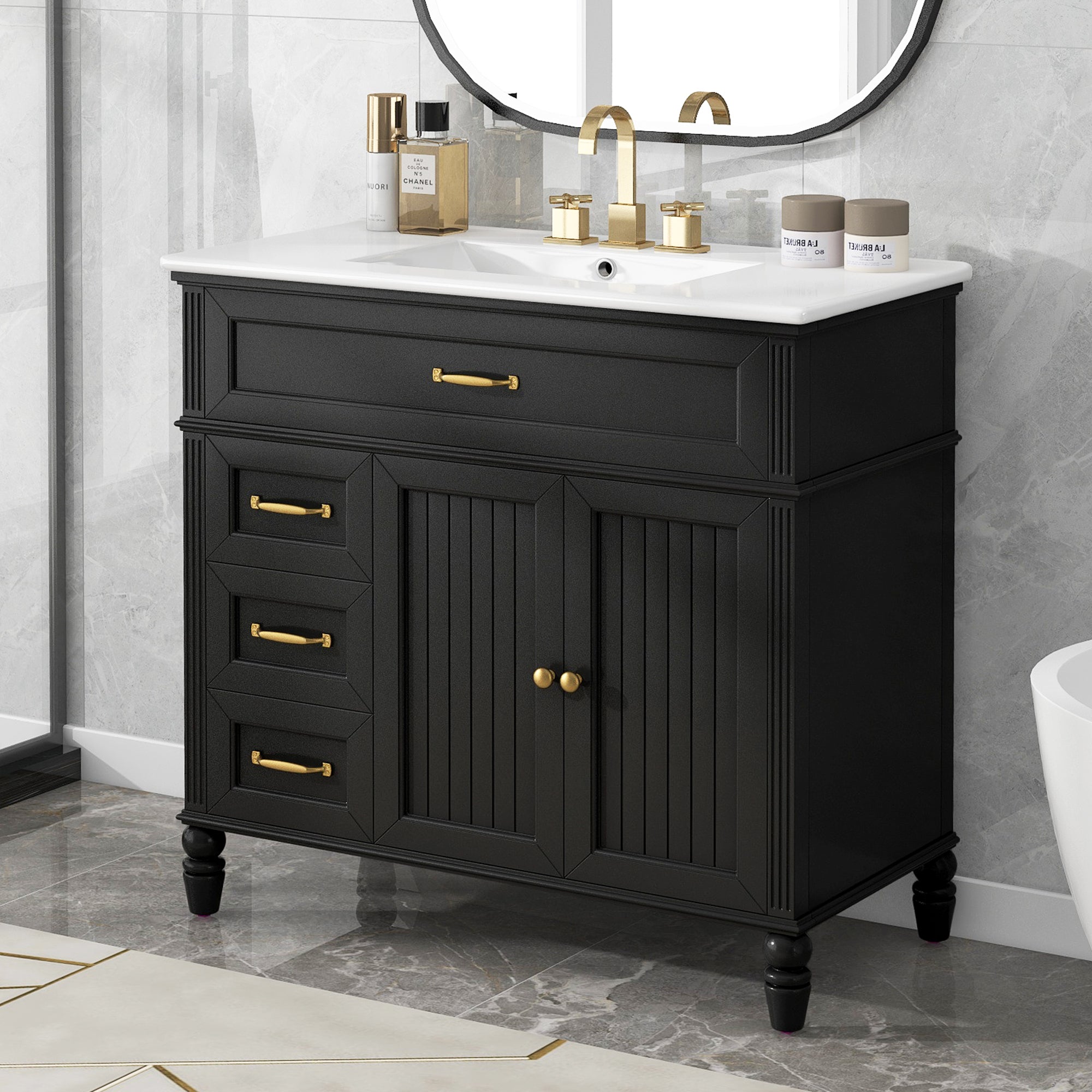 KZG 36-inch black bathroom vanity with ceramic sink and drawer storage — image 1