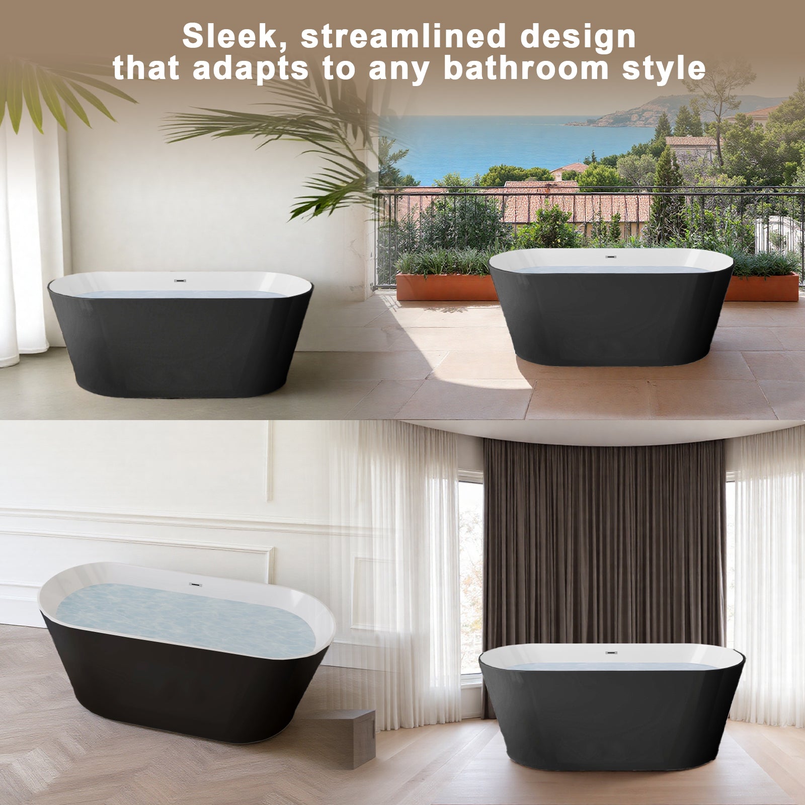 KZG 59-inch glossy black acrylic freestanding soaking tub with chrome drain — image 7