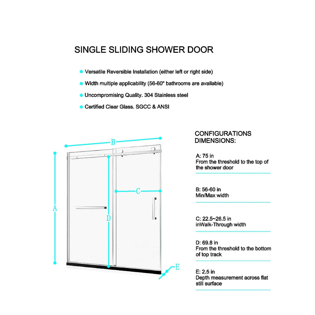 KZG 56-60 in. semi-frame single sliding shower door in brushed nickel with 8mm tempered glass — image 2