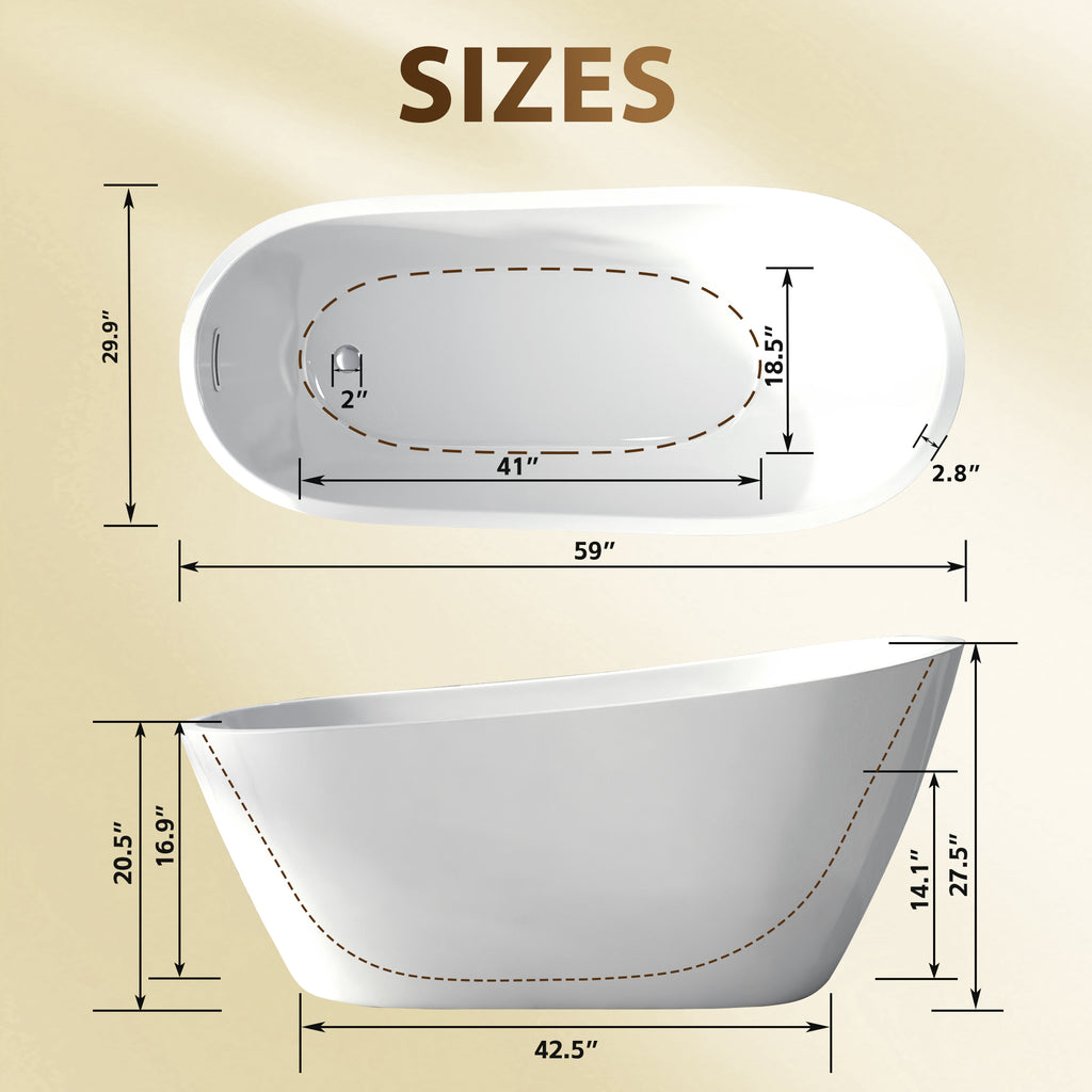 KZG 59 in. freestanding slipper soaking tub in gloss white acrylic with chrome overflow and pop-up drain — image 3