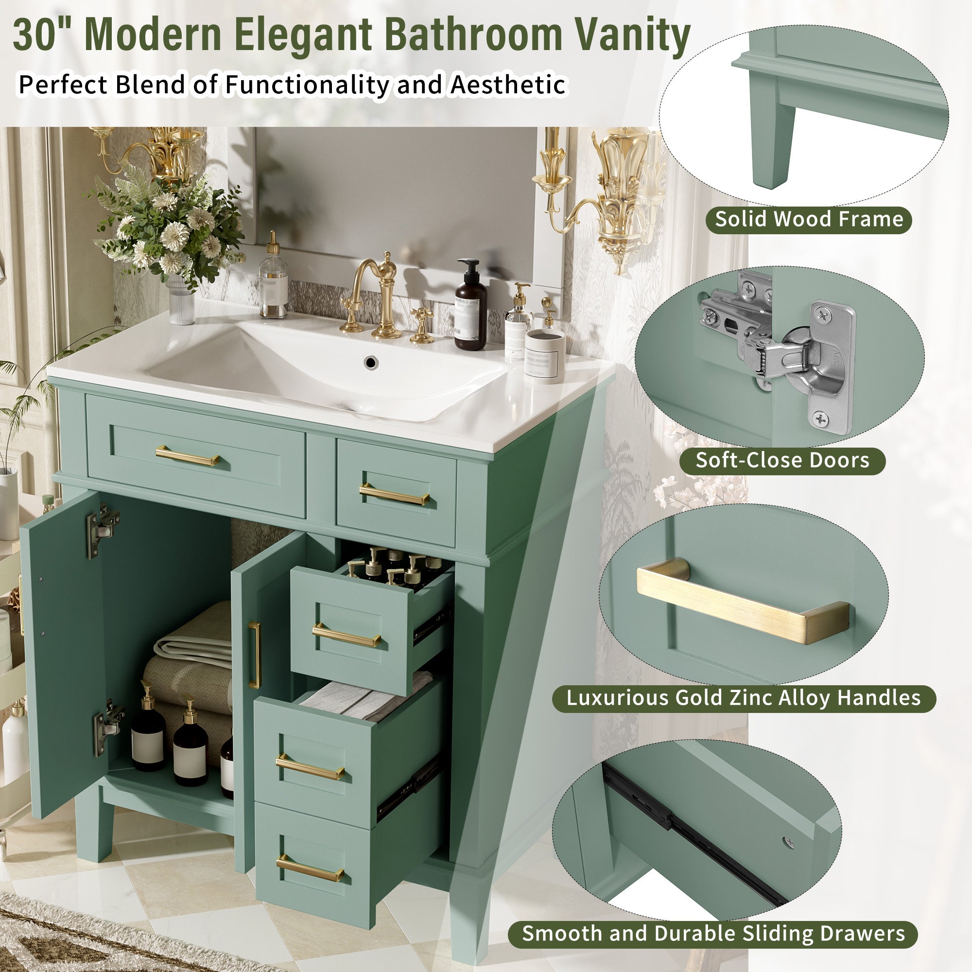 KZG 30-inch modern light green bathroom vanity with ceramic sink and soft-close doors — image 6