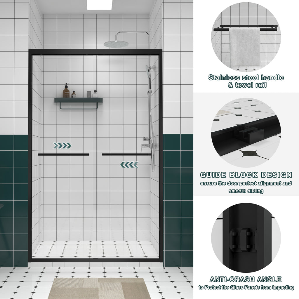 KZG 48-inch matte black bypass sliding shower door with clear tempered glass — image 3