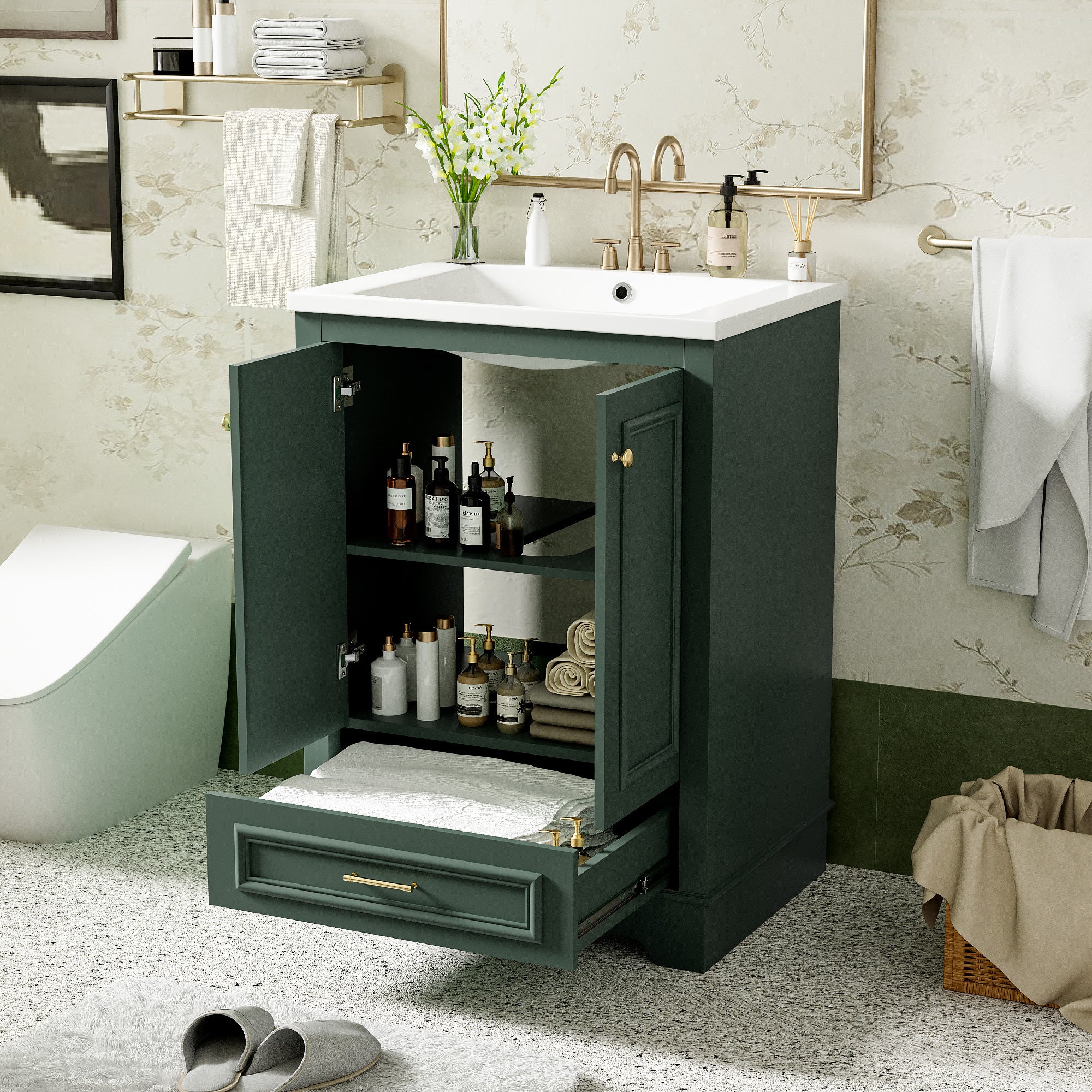 KZG 24-inch modern green bathroom vanity with ceramic sink and soft-closing doors — image 4