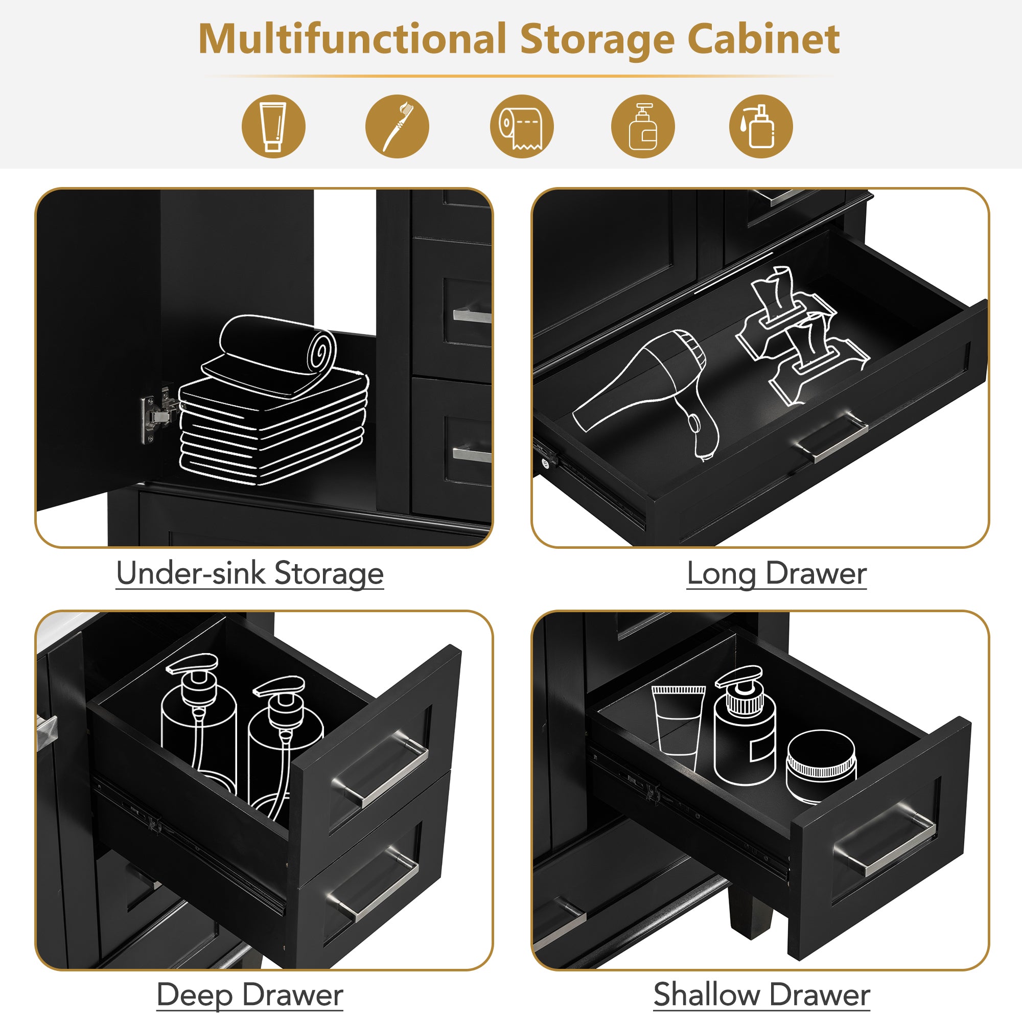 KZG modern black bathroom vanity with integrated sink, 30 in. wide with three soft-closing drawers — image 7