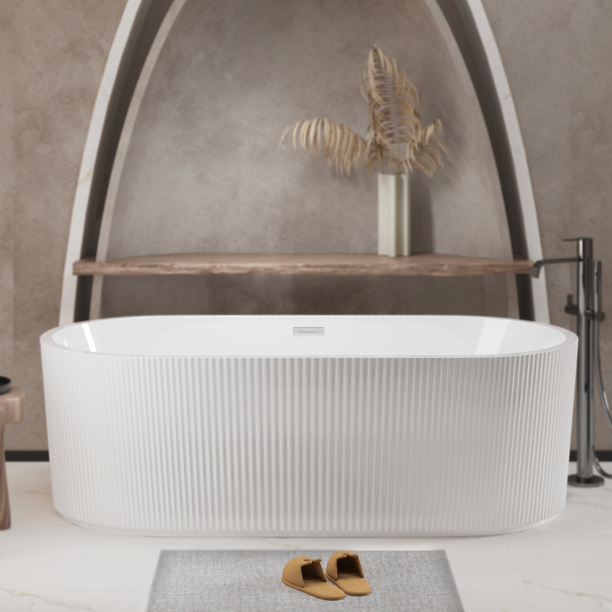 KZG 67-inch linear freestanding acrylic soaking tub in glossy white with chrome toe-tap drain — image 2