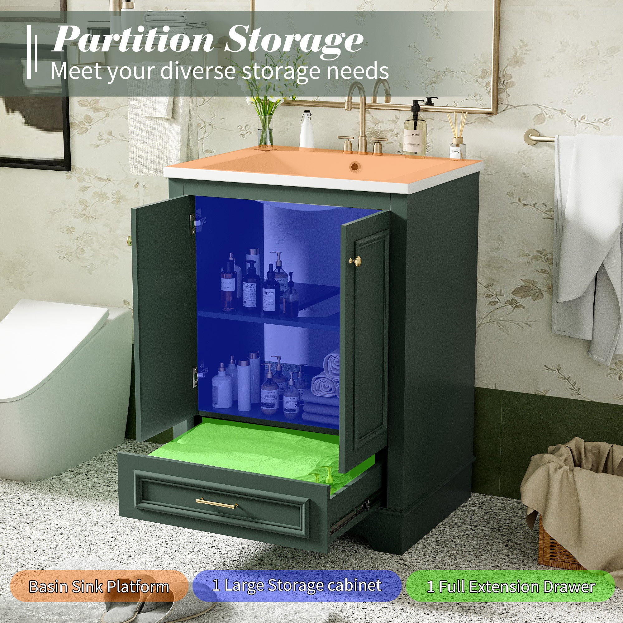 Green modern bathroom vanity with ceramic sink, silver handles, soft-close doors — image 7