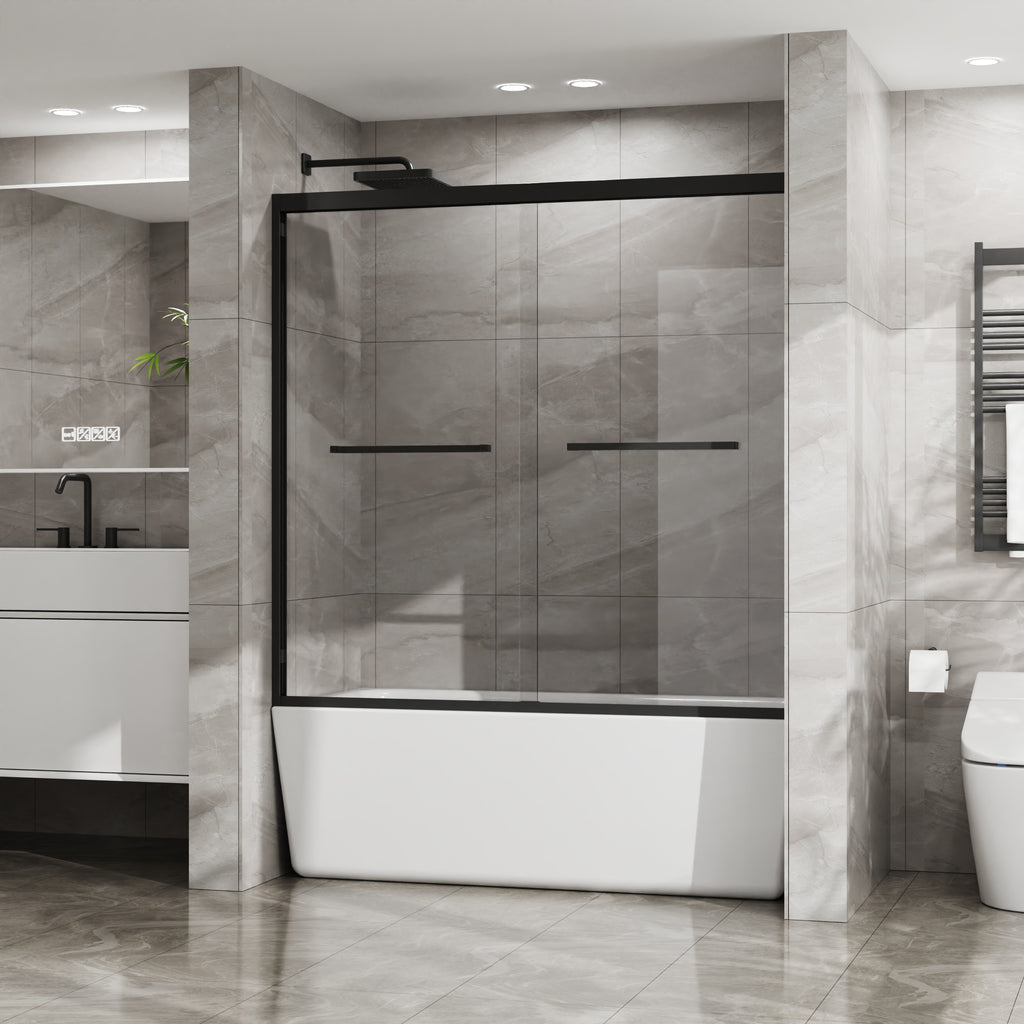 Matte black sliding shower door with clear tempered glass, 60 × 58 in. — image 4