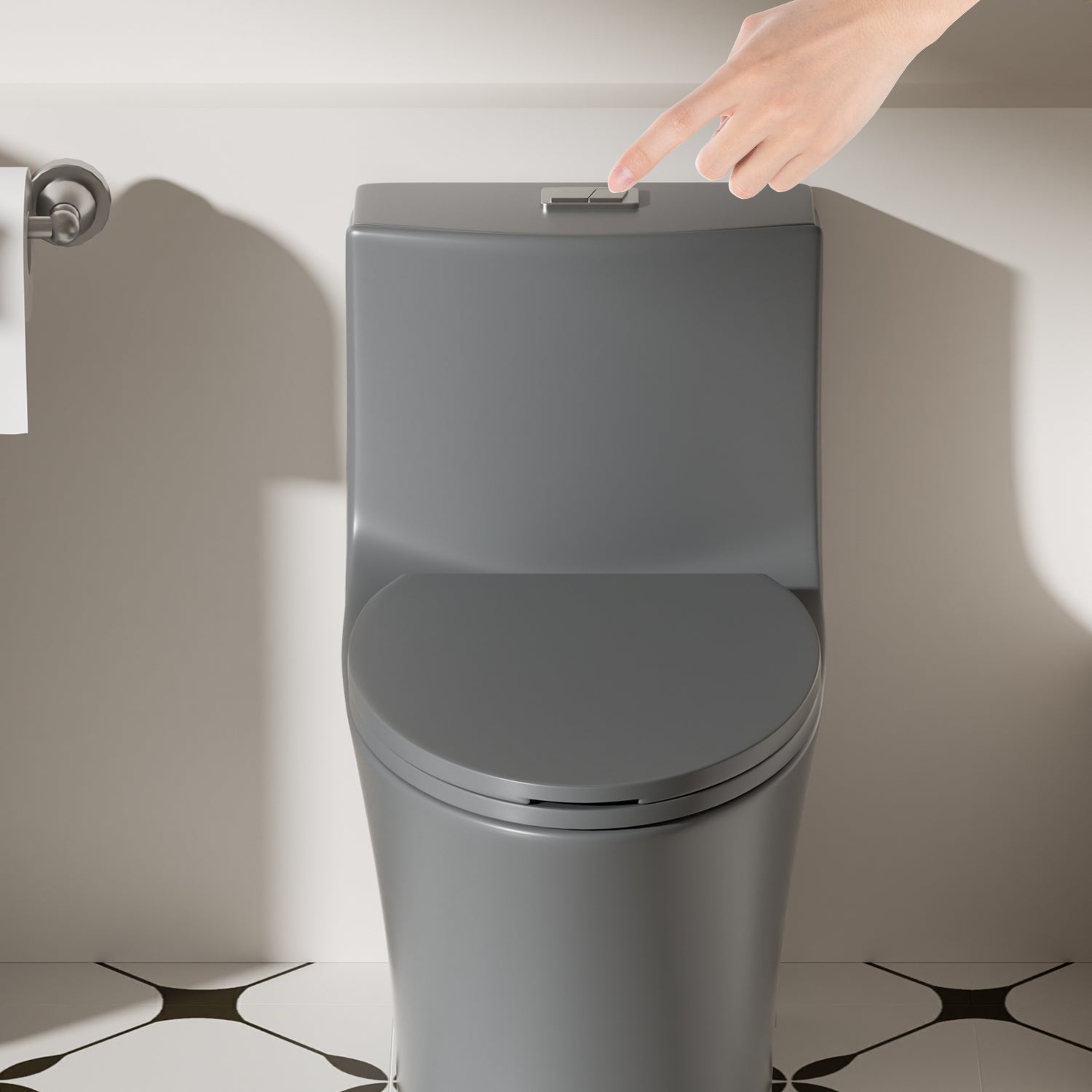 KZG light gray ceramic ADA-height one-piece toilet with tornado flush and soft-closing seat — image 6