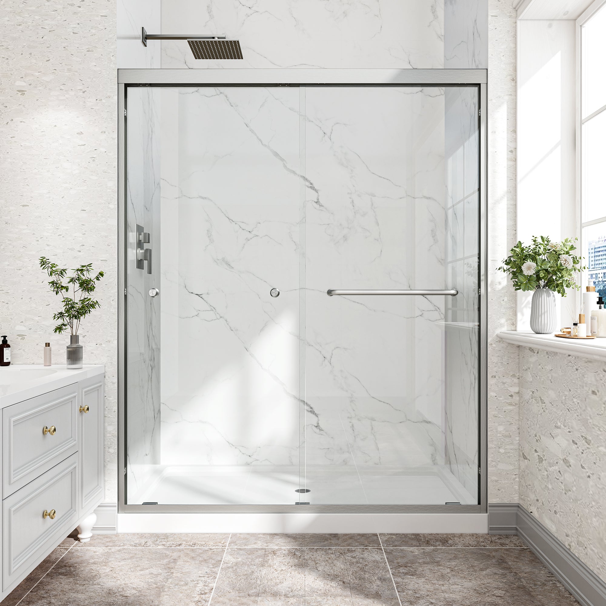 KZG 55–60 in. brushed nickel reversible double bypass sliding shower door with tempered glass — image 1