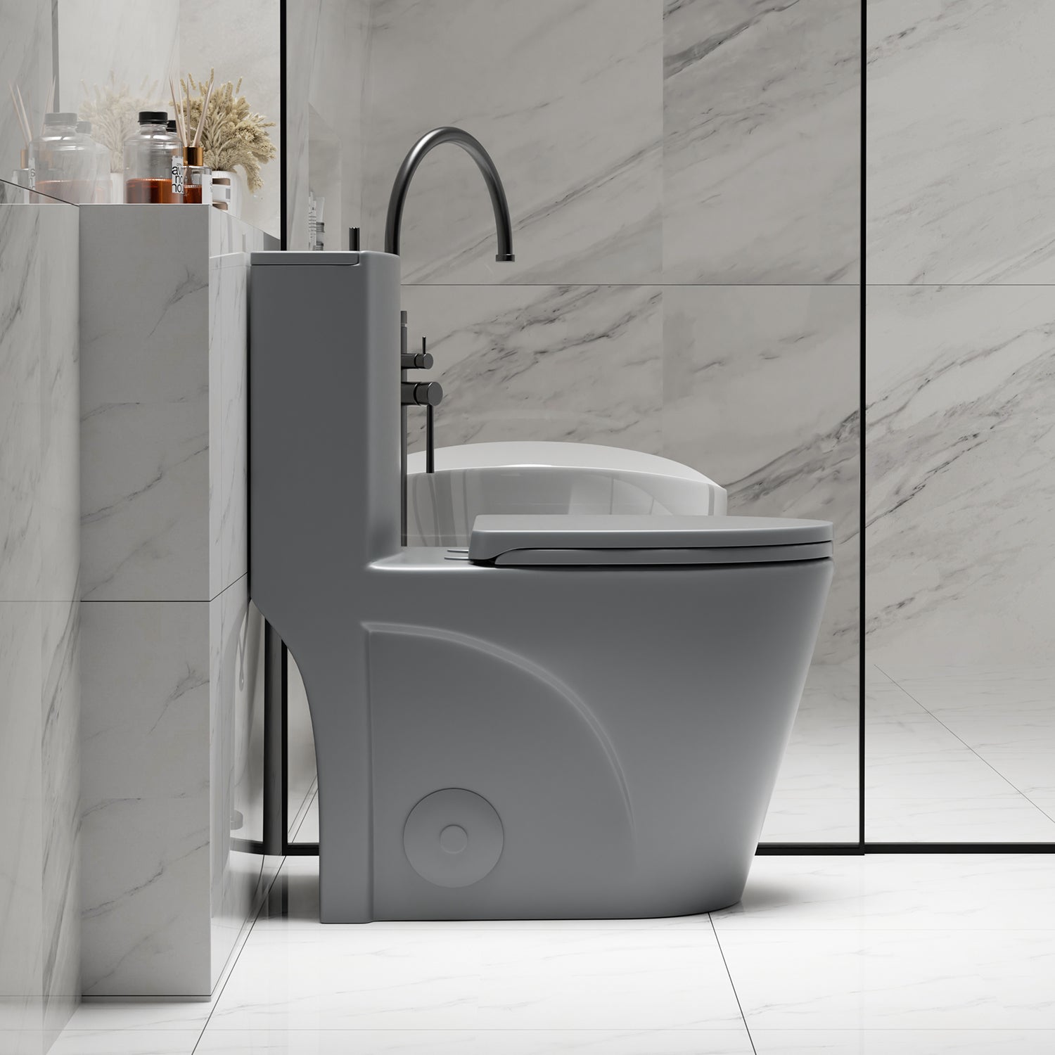 Light gray matte one-piece toilet, comfort height, dual-flush — image 6