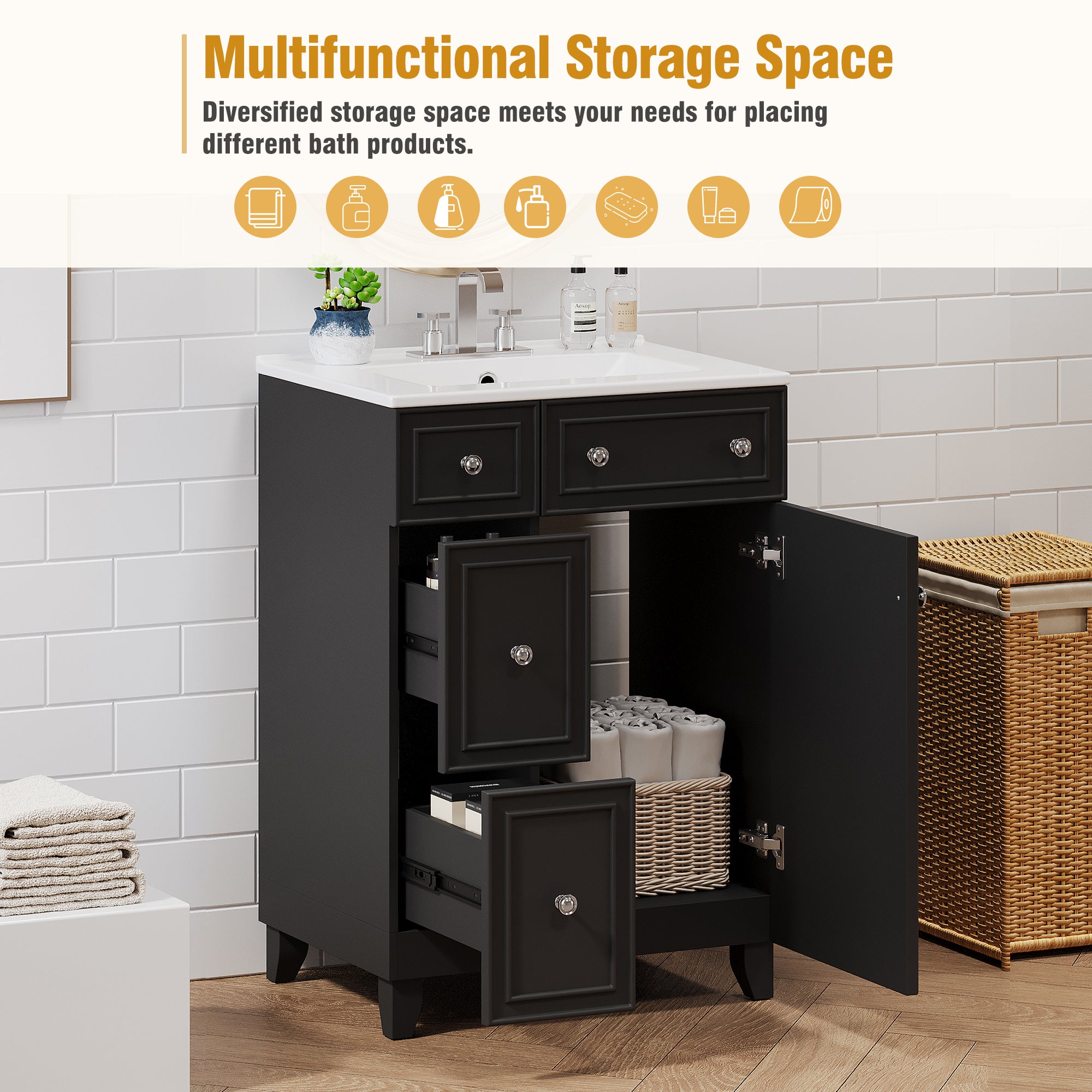 KZG 24-inch black transitional bathroom vanity cabinet with ceramic sink — image 7
