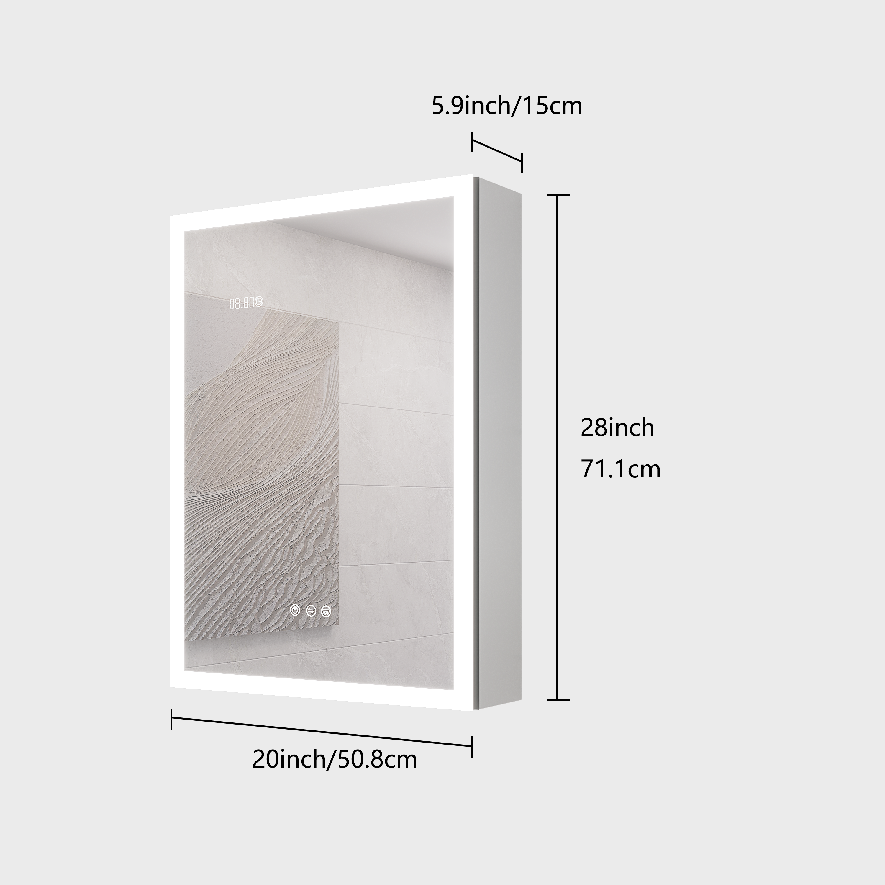 KZG 28x20 inch silver aluminum LED medicine cabinet with defogger and digital clock display — image 3