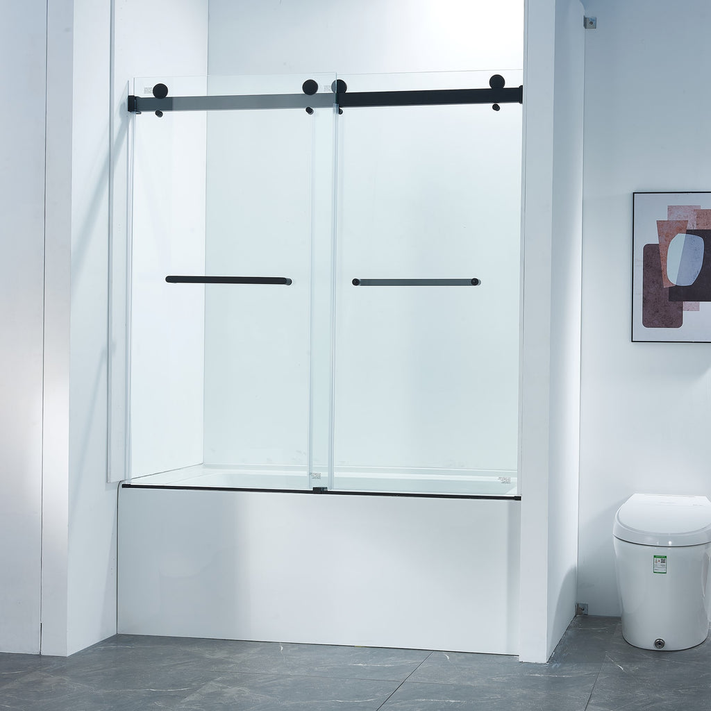 KZG 56-60 in. frameless double sliding tub shower door, matte black stainless steel with clear tempered glass — image 1