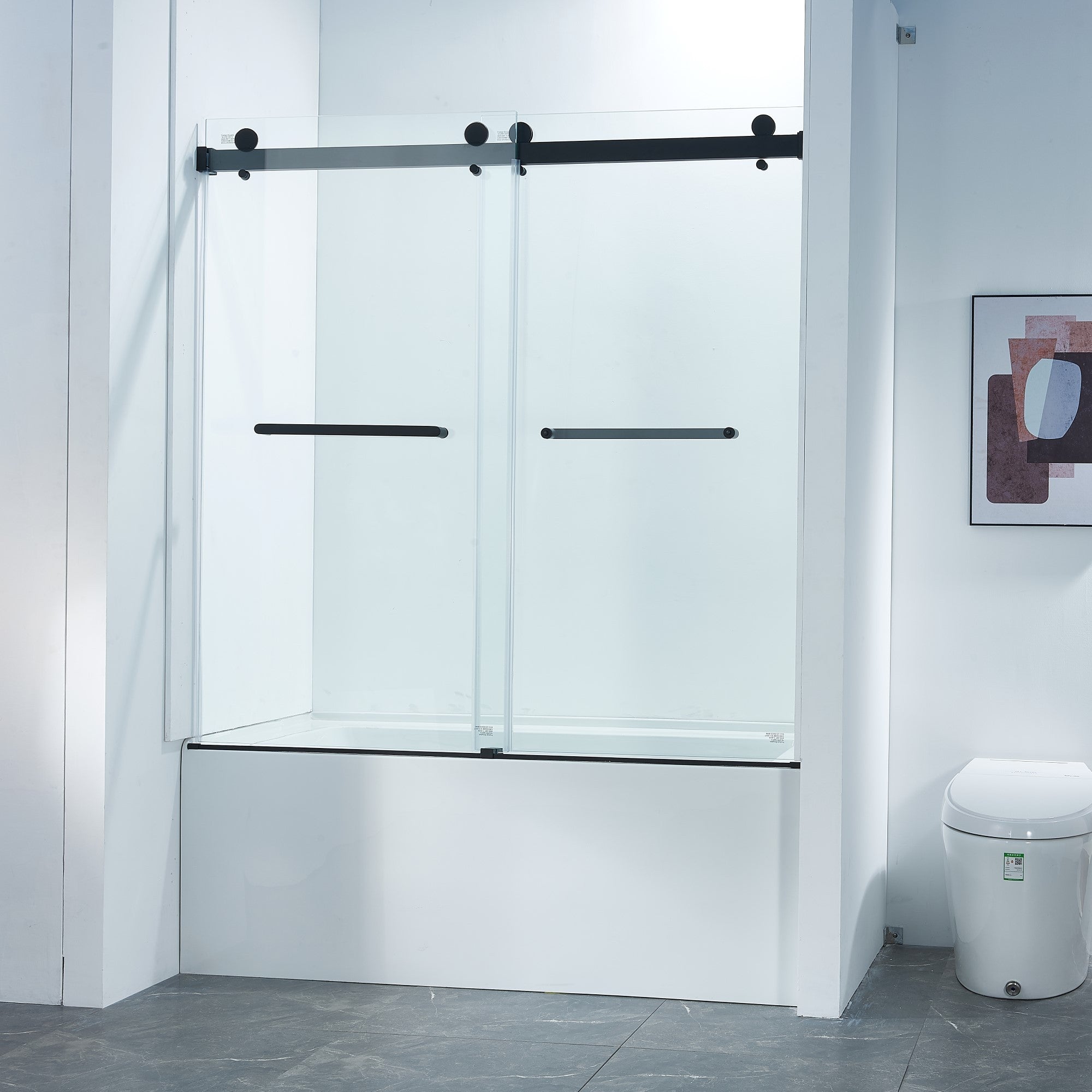 KZG 56-60 in. frameless double sliding tub shower door, matte black stainless steel with clear tempered glass — image 1