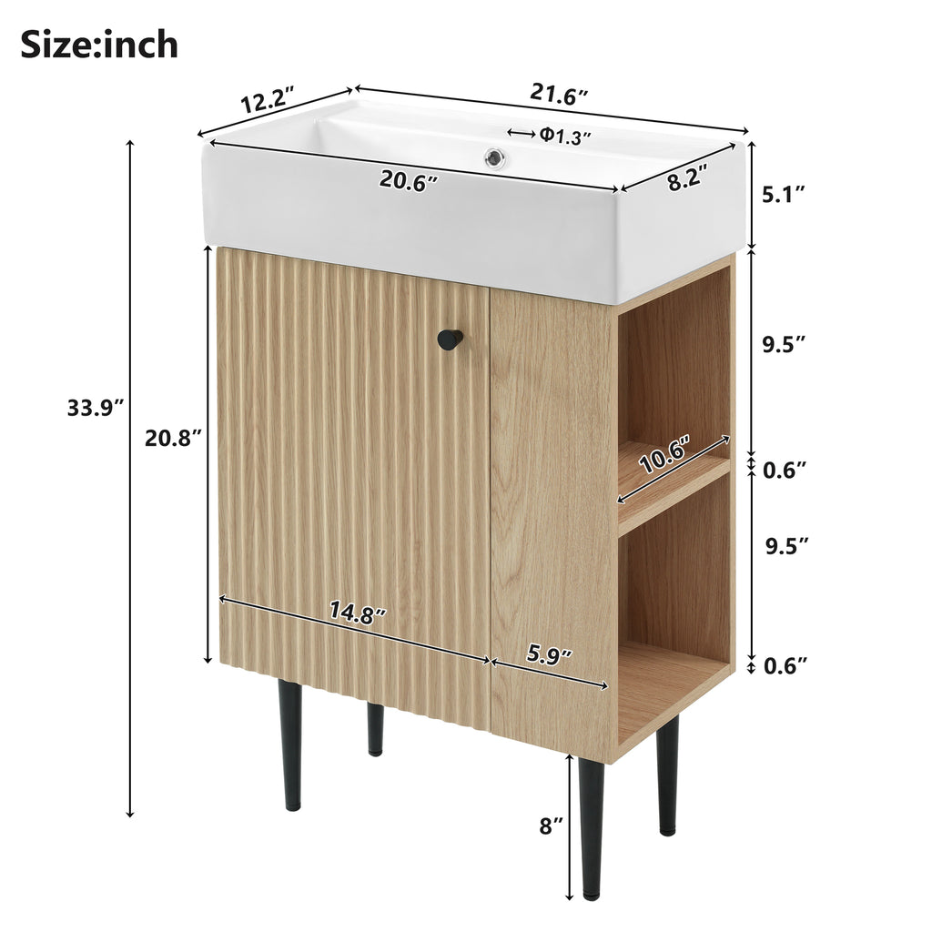 KZG modern wood bathroom vanity with ceramic sink and gold legs, right-side storage — image 3