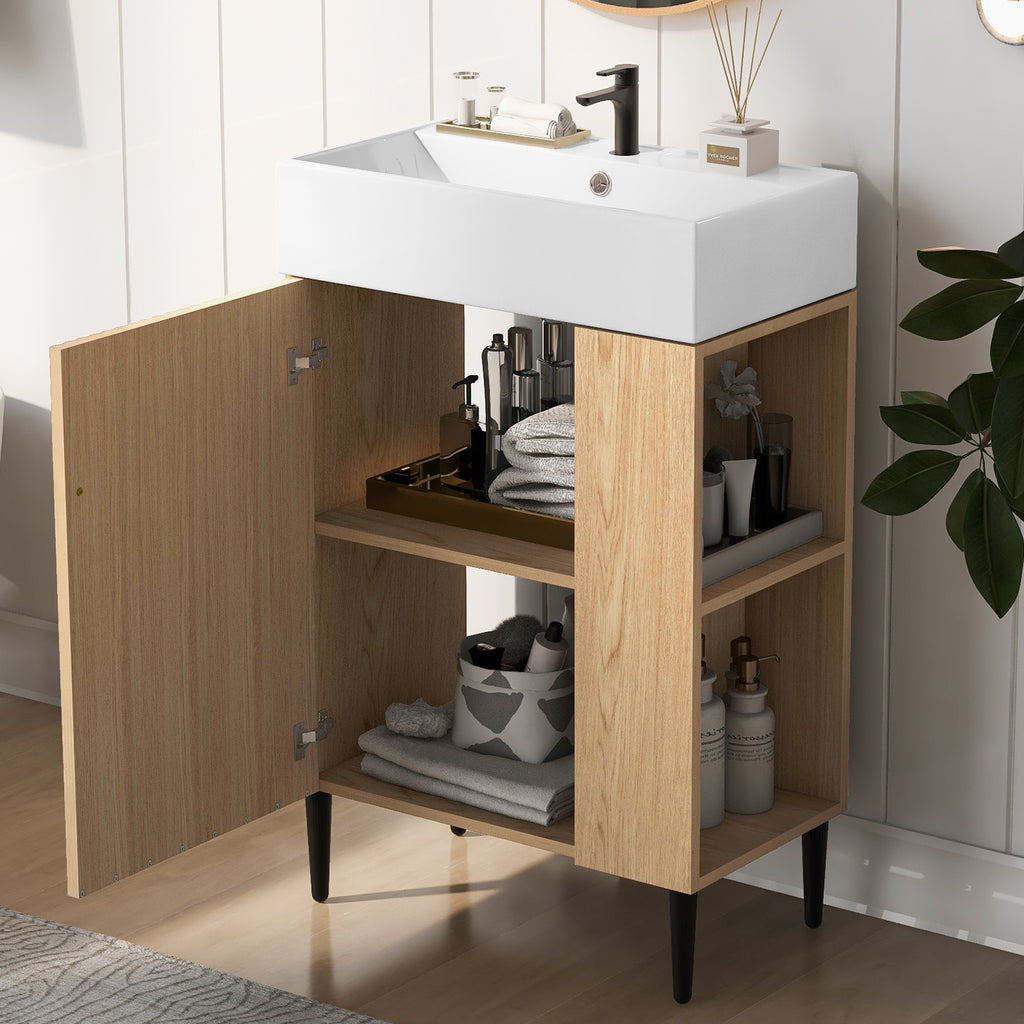 KZG modern wood bathroom vanity with ceramic sink and gold legs, right-side storage — image 2