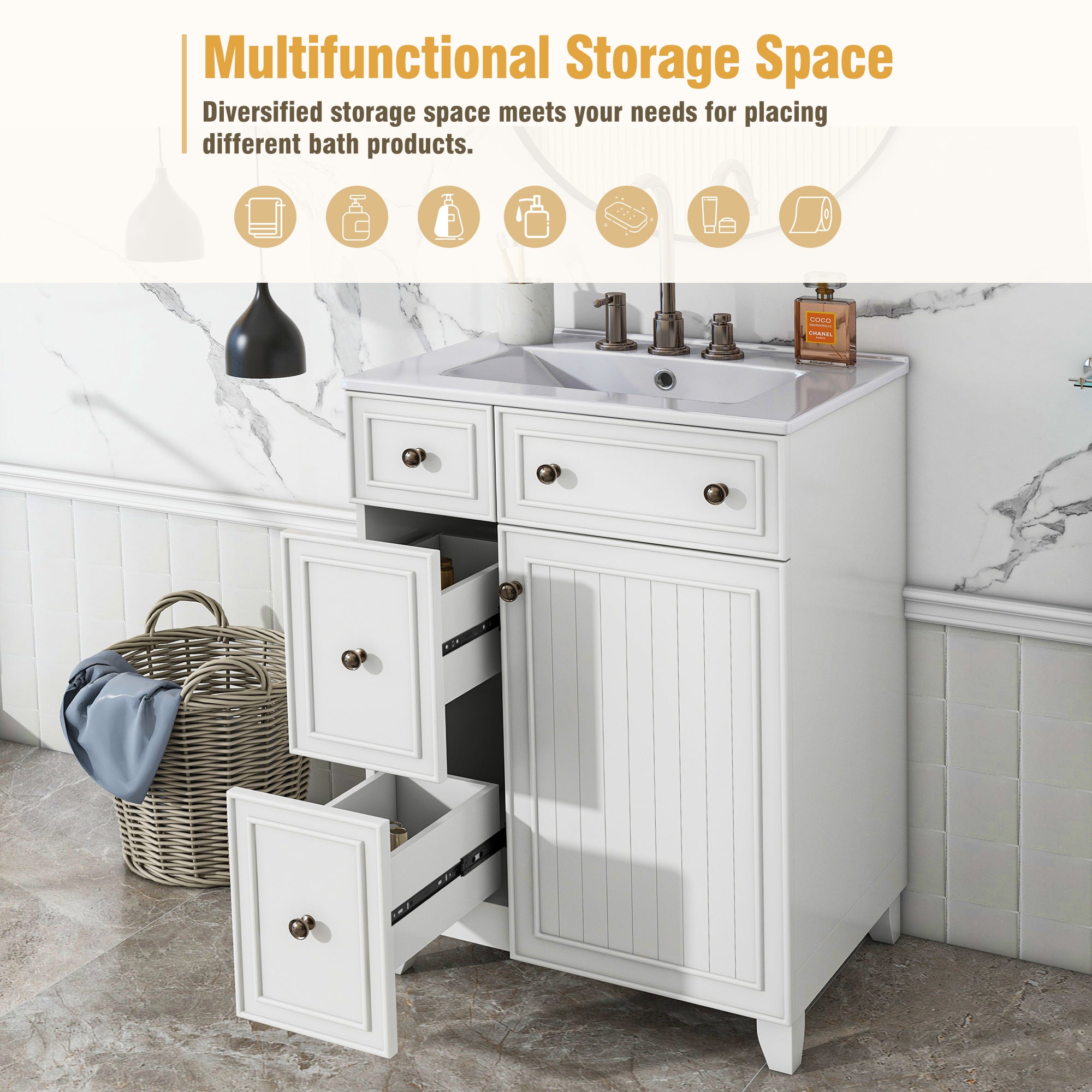 KZG 24-inch white transitional bathroom vanity cabinet with ceramic sink — image 7