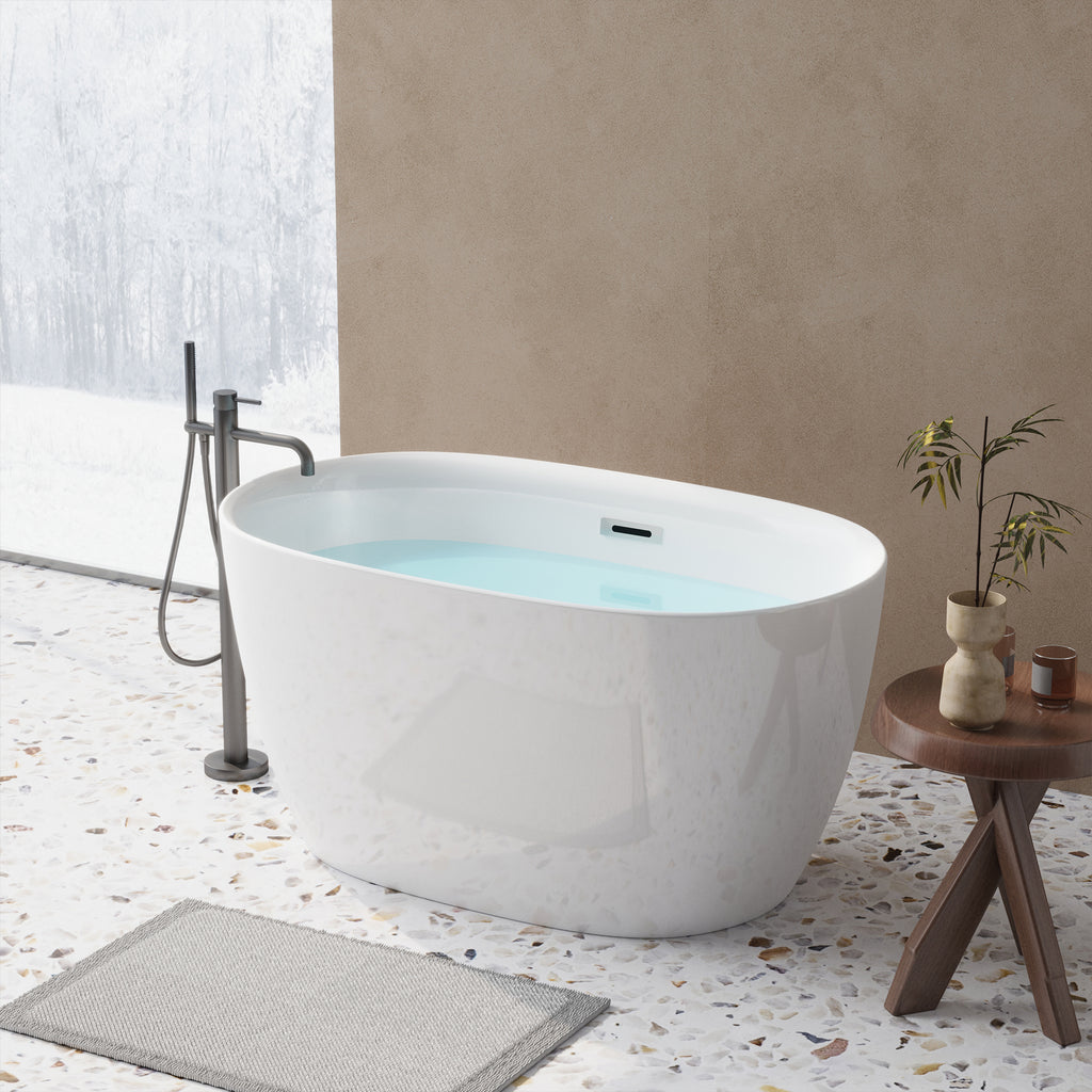 KZG 47-inch gloss white acrylic freestanding oval bathtub with chrome overflow and pop-up drain — image 4