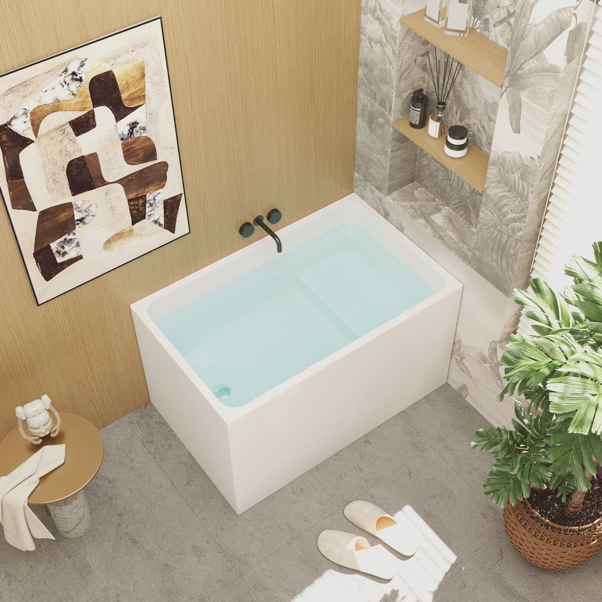 KZG 43 in. gloss white acrylic freestanding soaking bathtub with built-in seat and chrome hardware — image 6