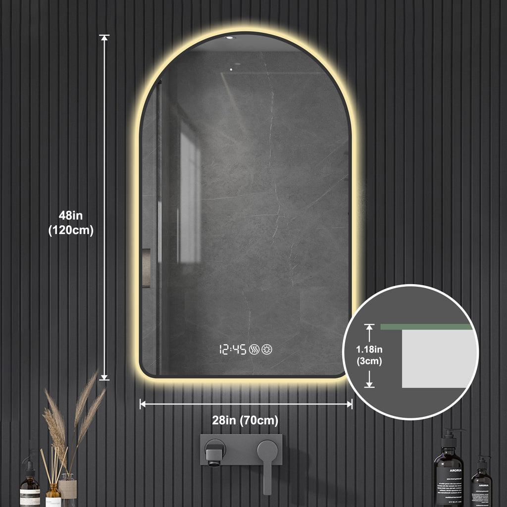 KZG 32x60 in. arched LED vanity mirror with time display and anti-fog coating in black frame — image 7