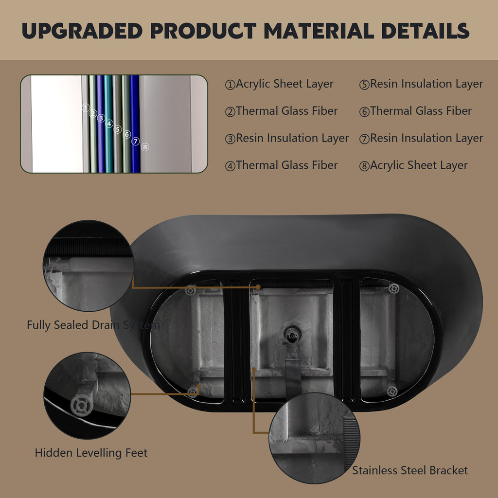KZG 59-inch glossy black acrylic freestanding soaking tub with chrome drain — image 5
