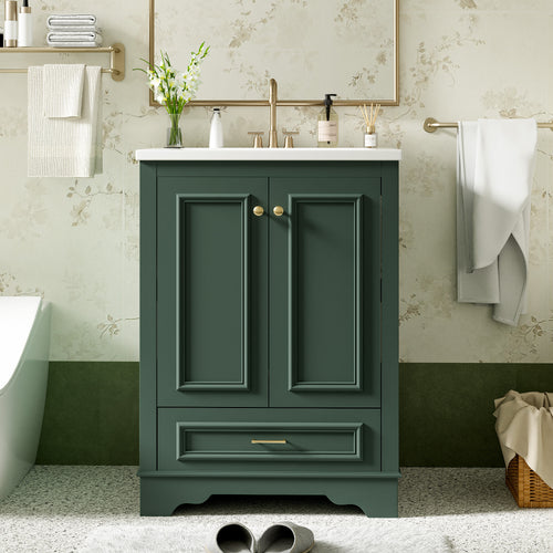 KZG 24-inch modern green bathroom vanity with ceramic sink and soft-closing doors — image 2