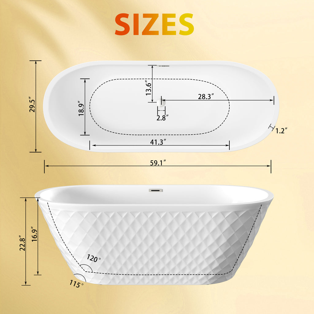 KZG 59-inch oval freestanding acrylic soaking tub in gloss white with chrome overflow and pop-up drain — image 3