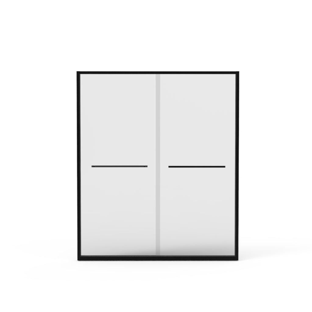 KZG matte black aluminum double sliding shower door with clear tempered glass and black hardware — image 1