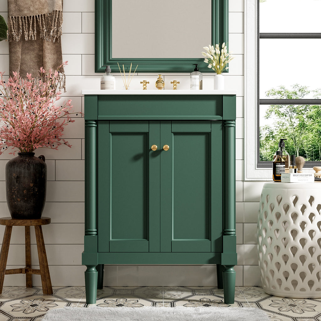 KZG 24-inch modern green bathroom vanity with ceramic basin and two-tier storage cabinet — image 5