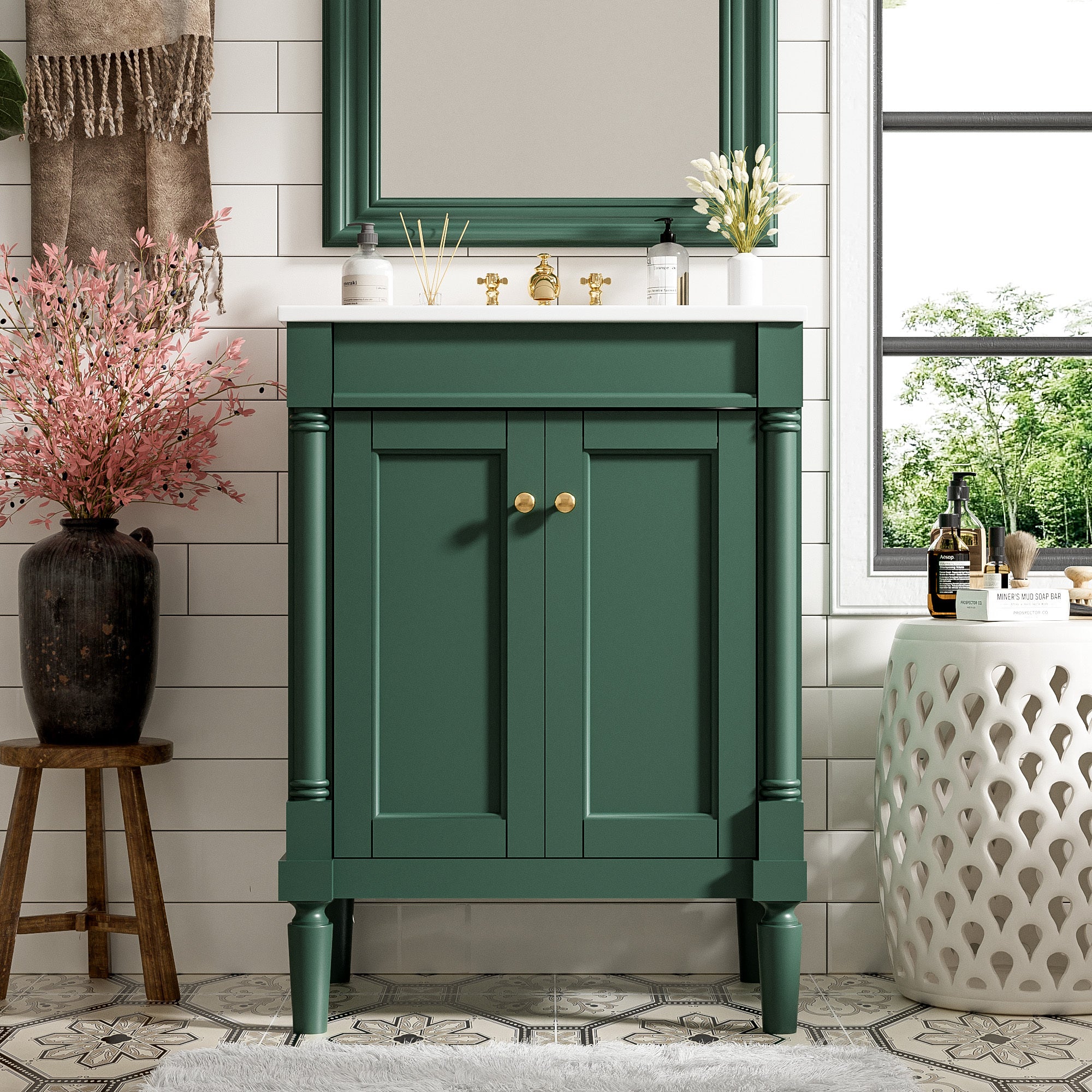 KZG 24-inch modern green bathroom vanity with ceramic basin and two-tier storage cabinet — image 5