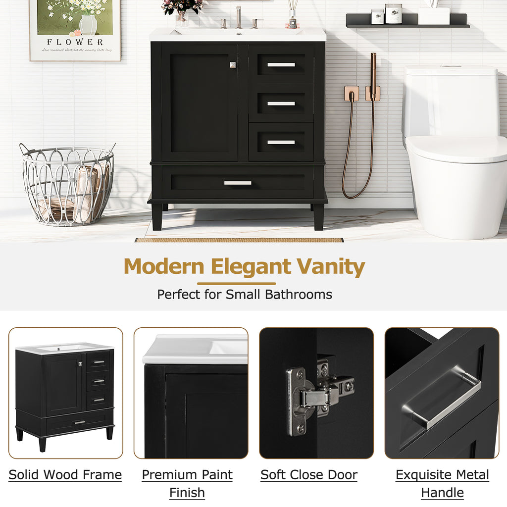 Matte black bathroom vanity with ceramic sink, soft-close doors, 30 in. — image 6