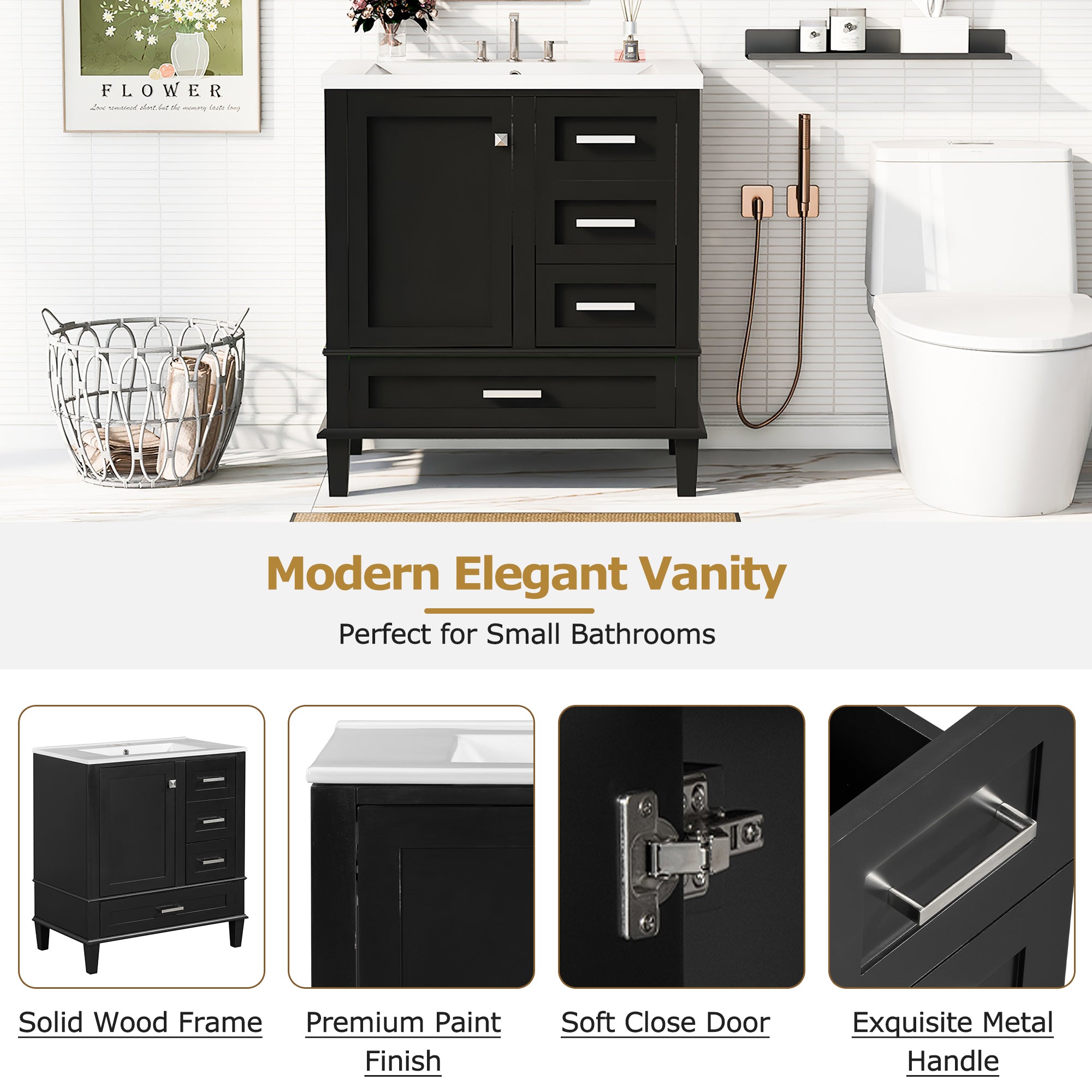 Matte black bathroom vanity with ceramic sink, soft-close doors, 30 in. — image 6
