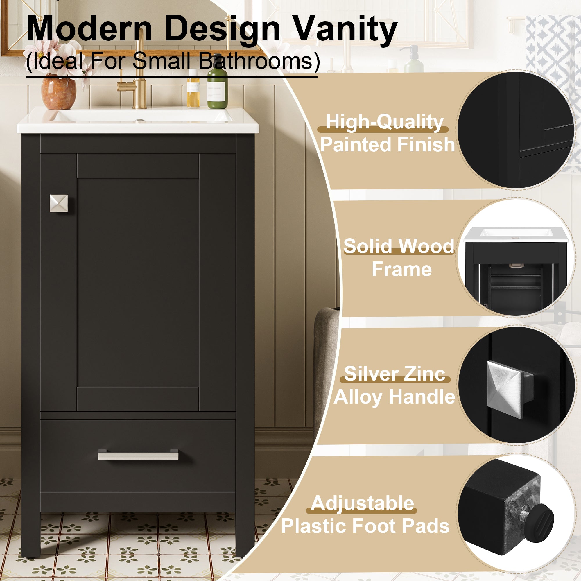 Black modern bathroom vanity with ceramic sink and soft-close drawers — image 6