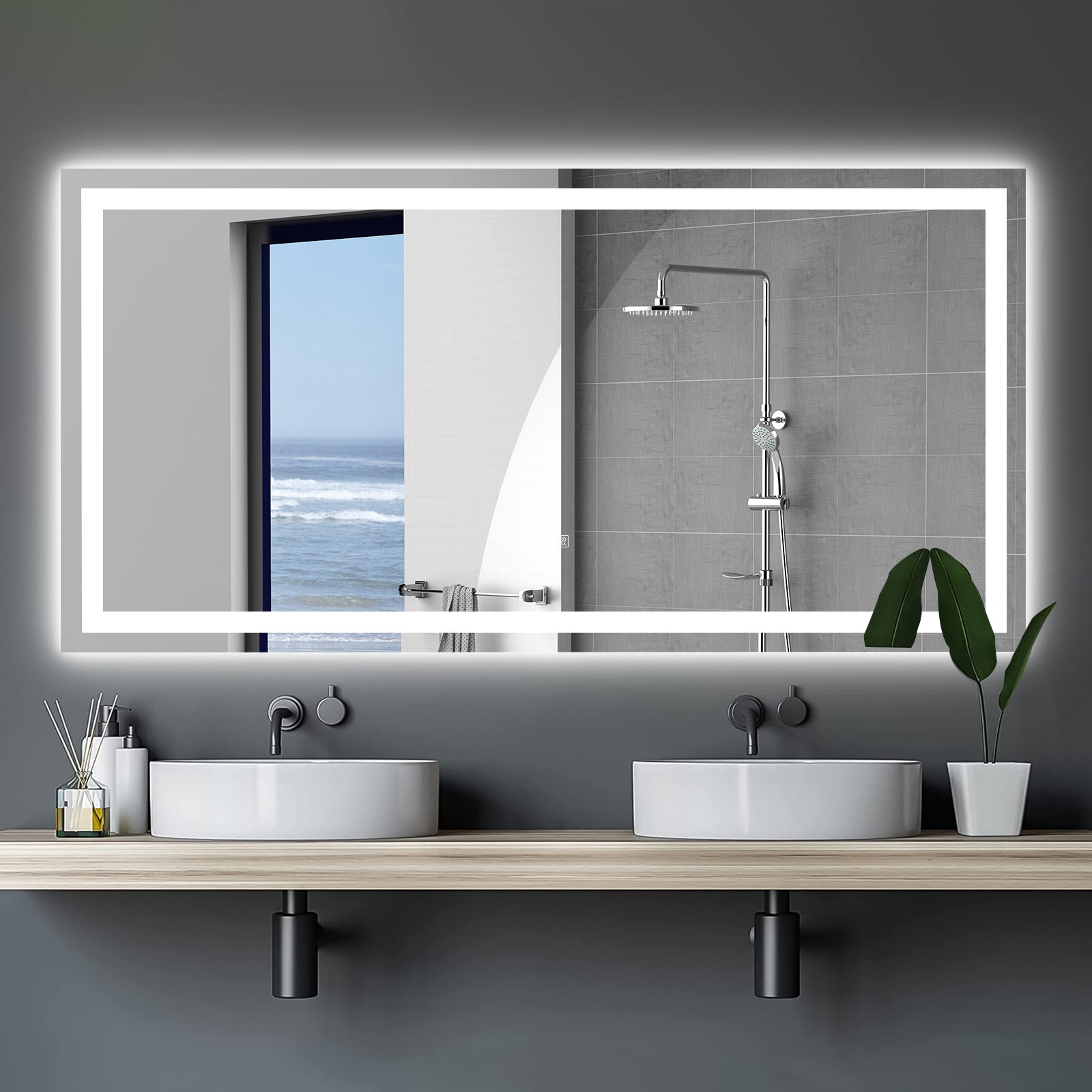 Frameless LED bathroom mirror, 72 in. × 36 in., with dimmable touch control — image 1