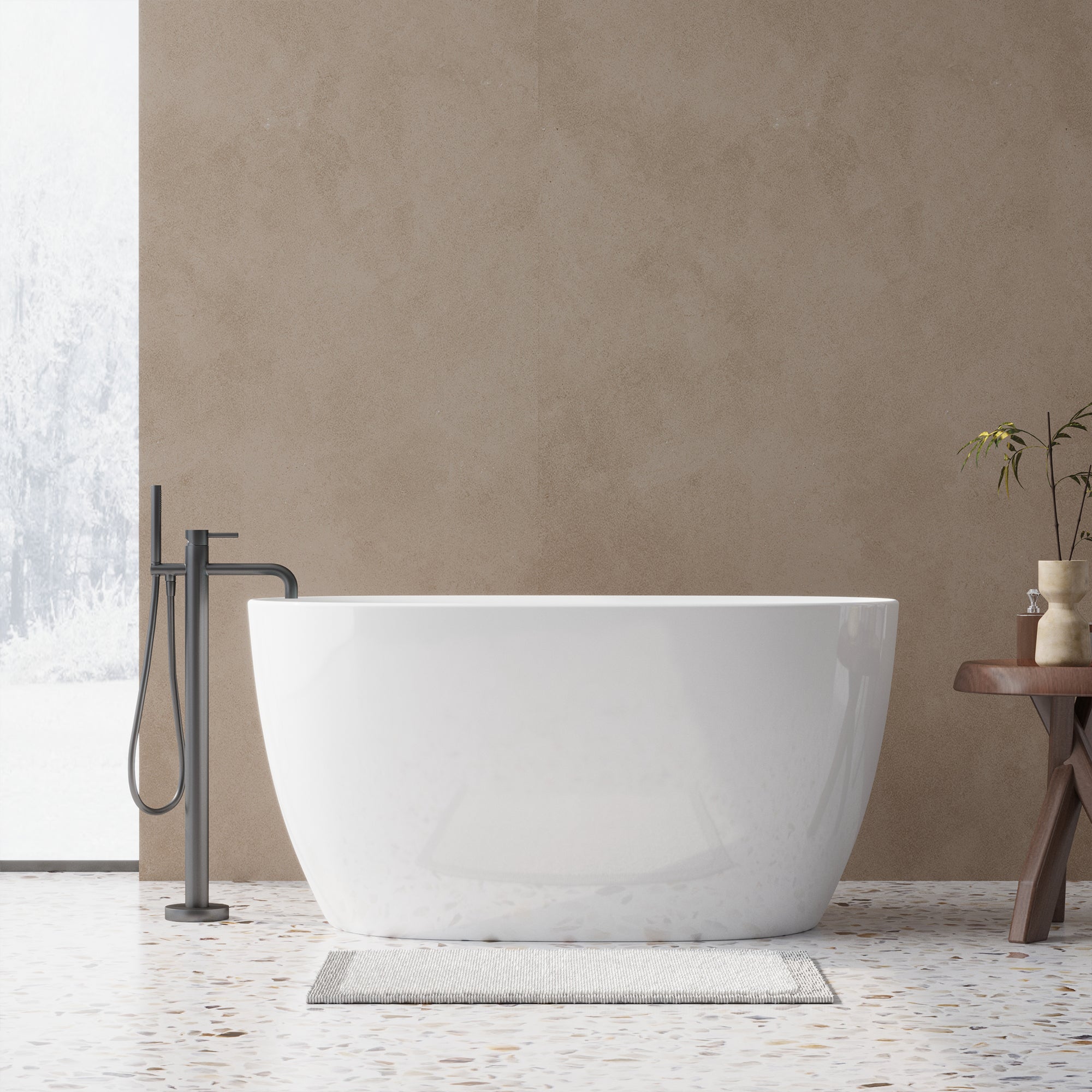 KZG 47-inch gloss white acrylic freestanding oval bathtub with chrome overflow and pop-up drain — image 2