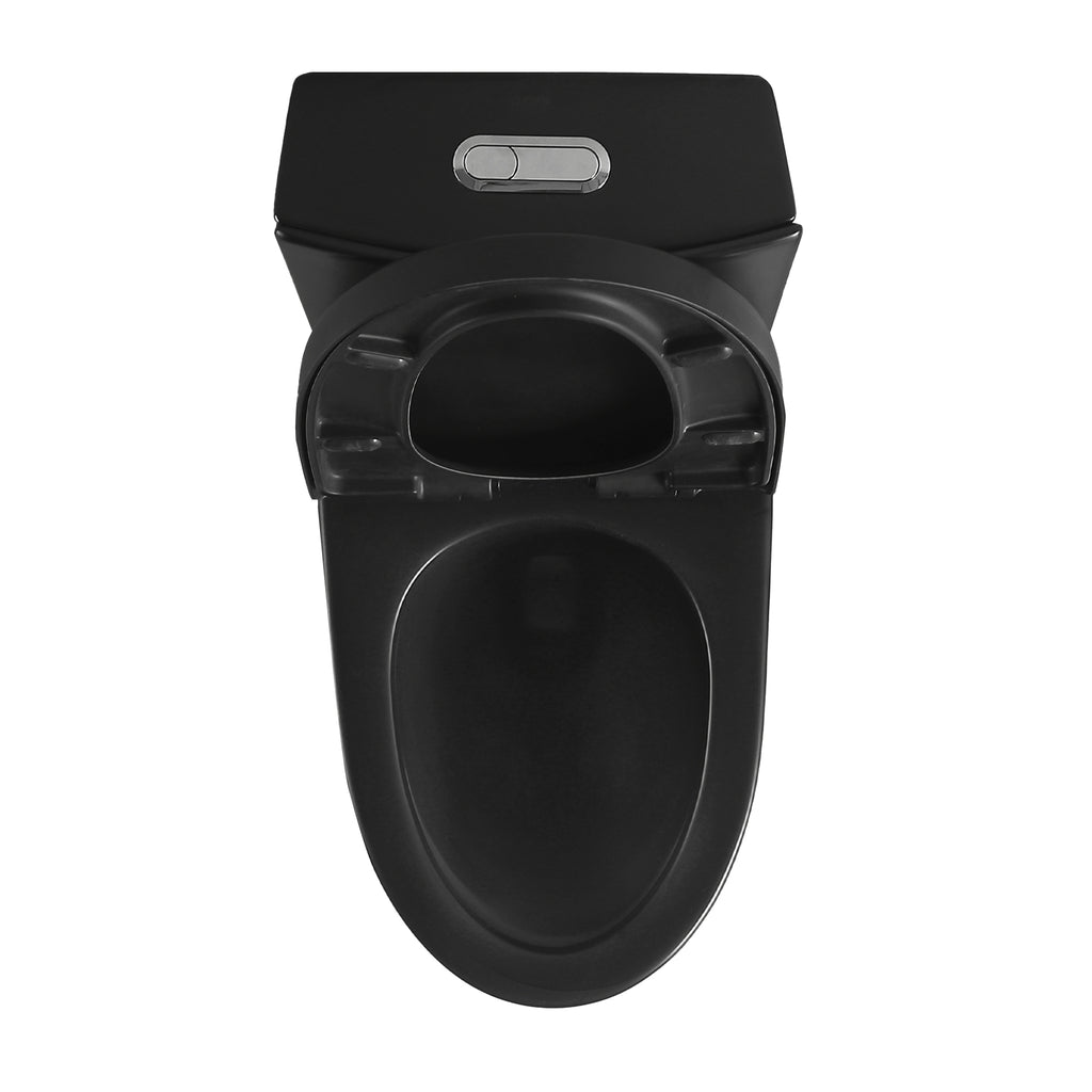 KZG one-piece elongated comfort height toilet in black ceramic with dual-flush and soft-closing seat — image 6