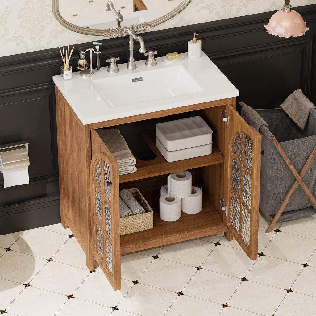 KZG 31 inch vintage rustic bathroom vanity with ceramic sink in antique natural finish — image 5