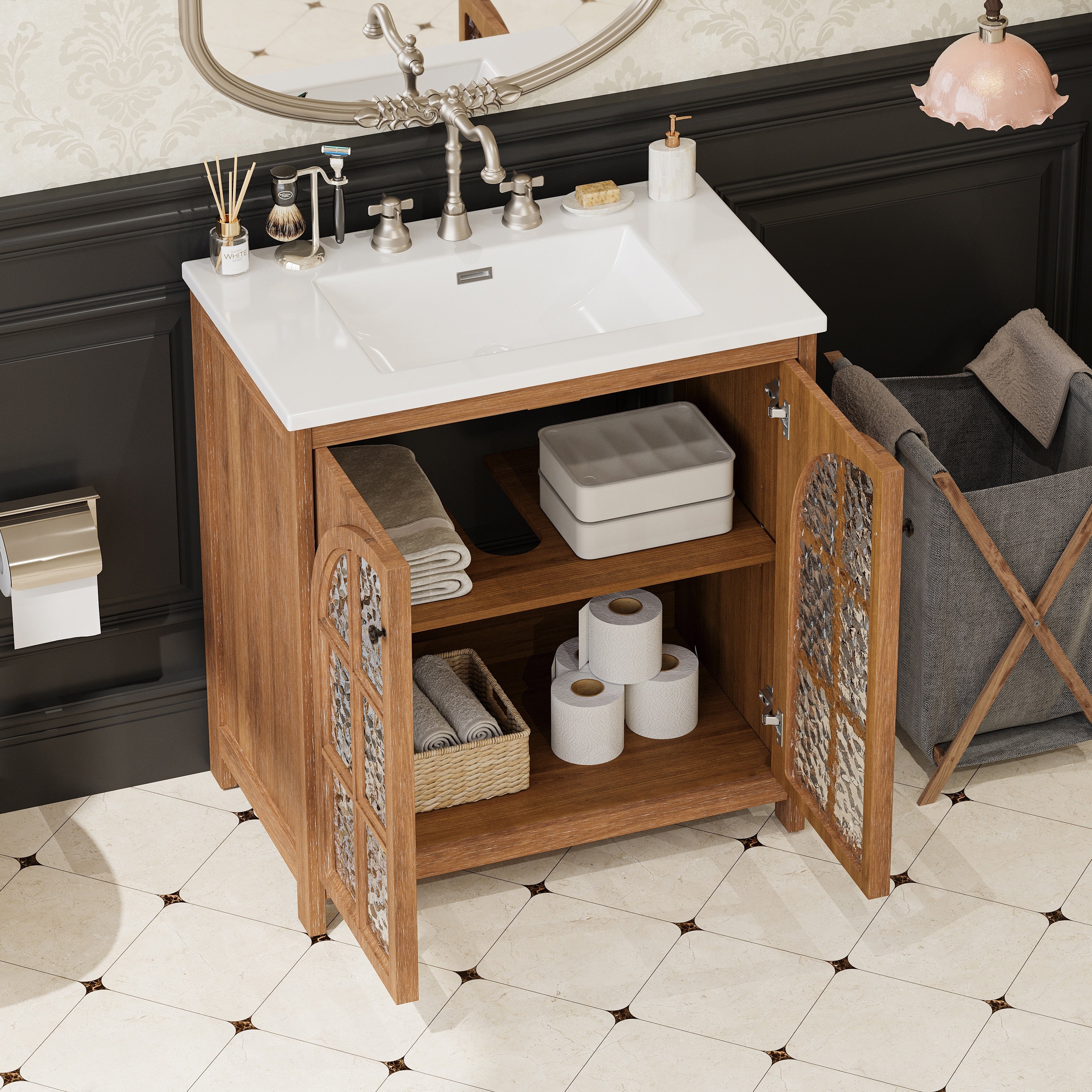 KZG 31 inch vintage rustic bathroom vanity with ceramic sink in antique natural finish — image 5