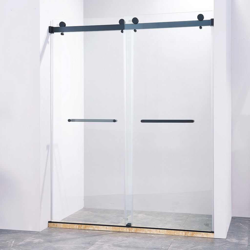 KZG 56-60 in. frameless double sliding shower door in matte black with 8mm tempered clear glass — image 1