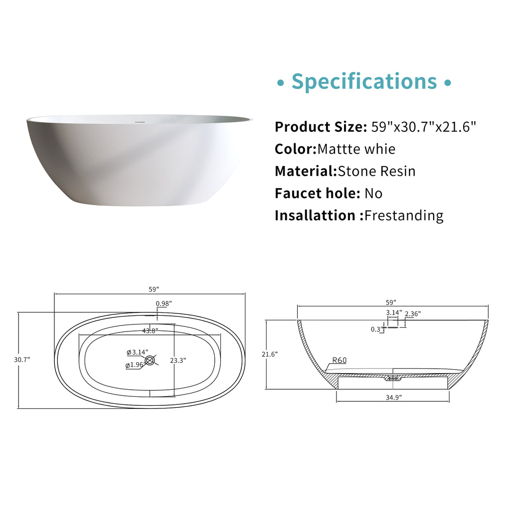 KZG matte white oval freestanding soaking bathtub with thick edge — image 3