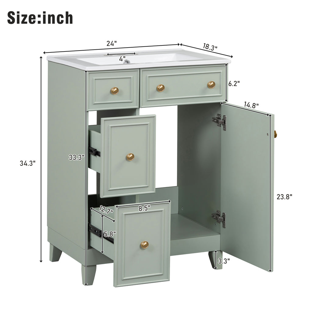 KZG 24-inch green transitional bathroom vanity cabinet with ceramic sink — image 3