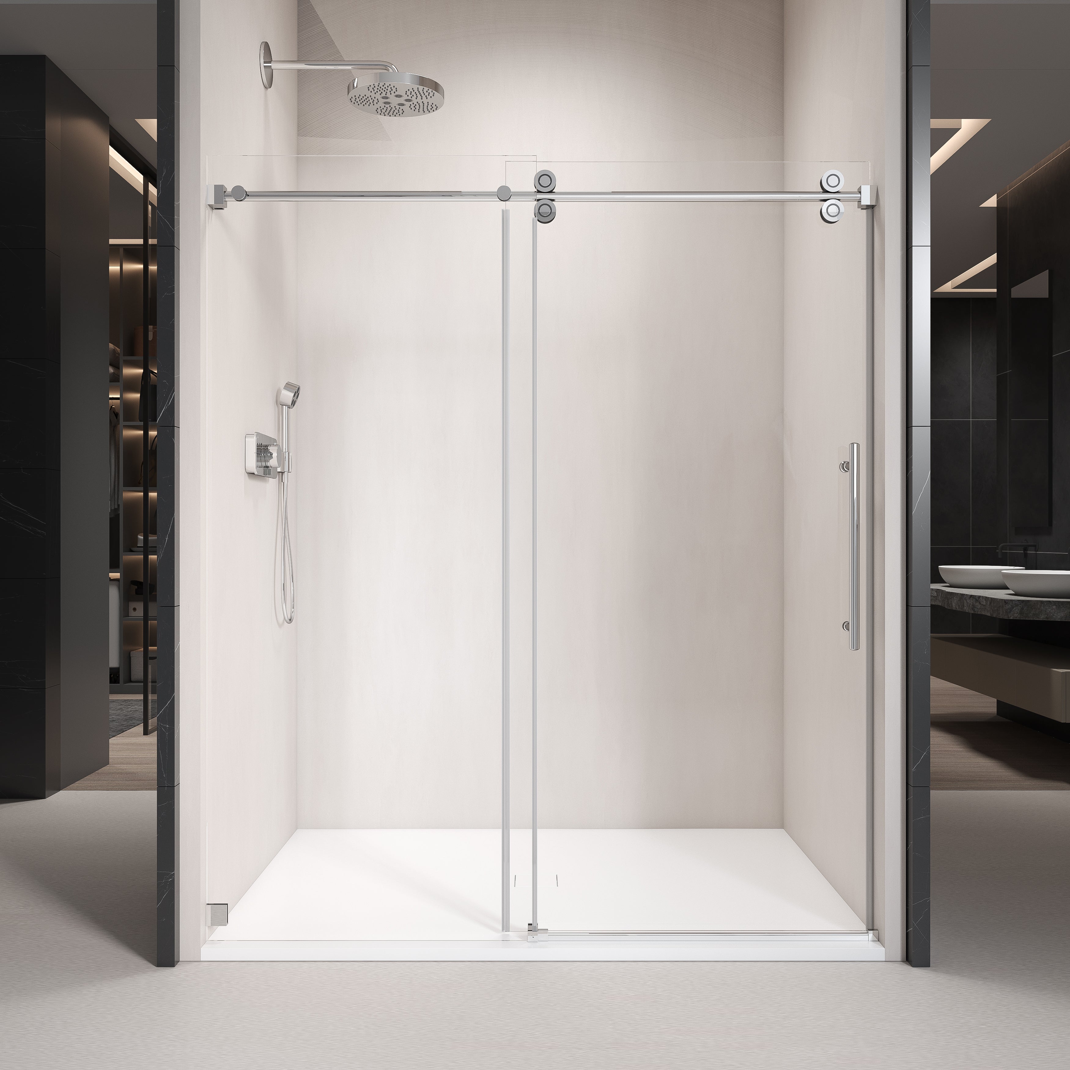 Frameless single sliding shower door in chrome — finish swatch