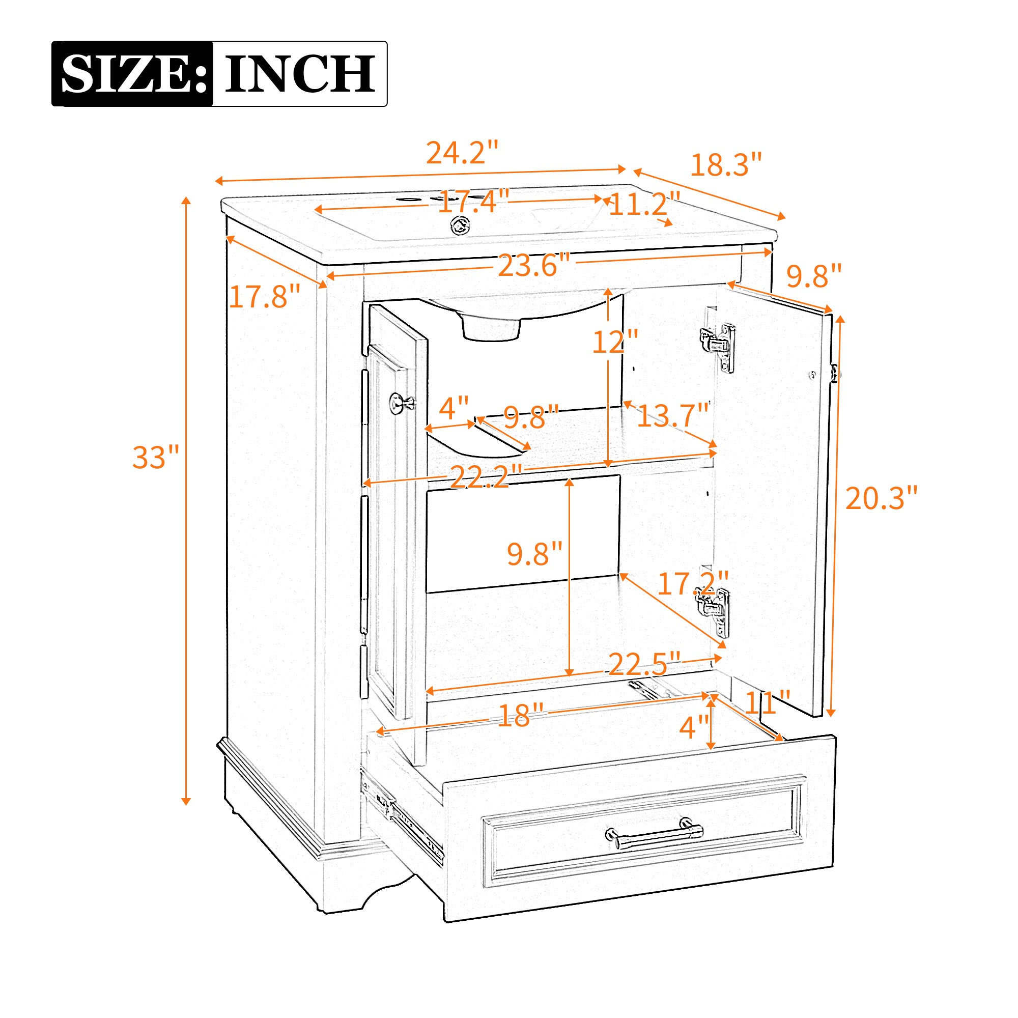 KZG 24 in. modern white bathroom vanity with ceramic sink and soft-closing doors — image 3