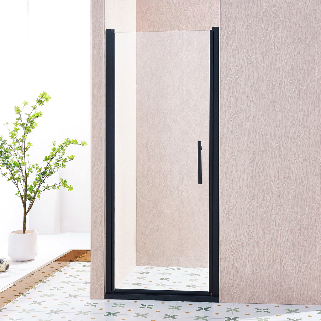 KZG 32–33.5 in. pivot swing shower door in matte black aluminum with tempered clear glass — image 1