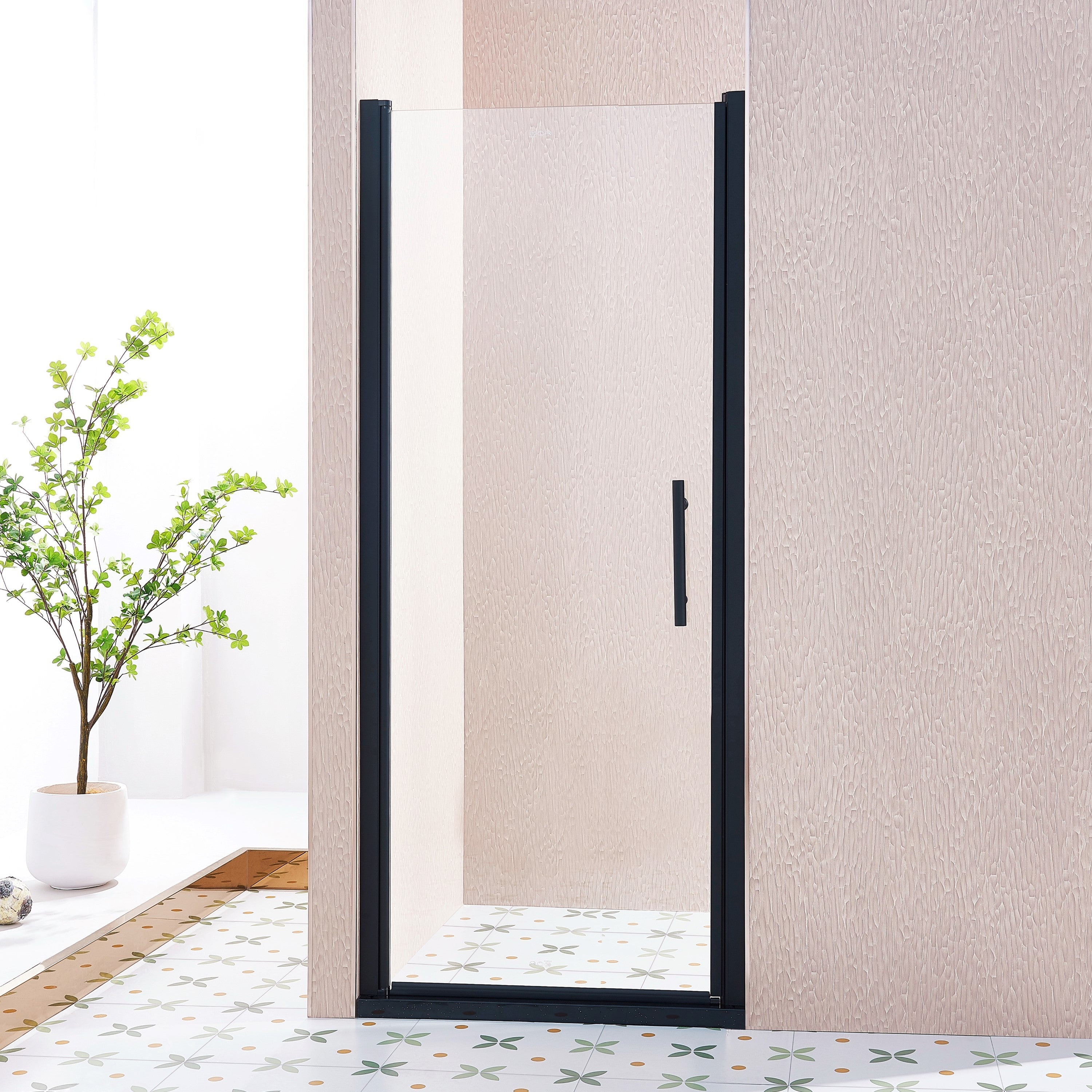 KZG 32–33.5 in. pivot swing shower door in matte black aluminum with tempered clear glass — image 1