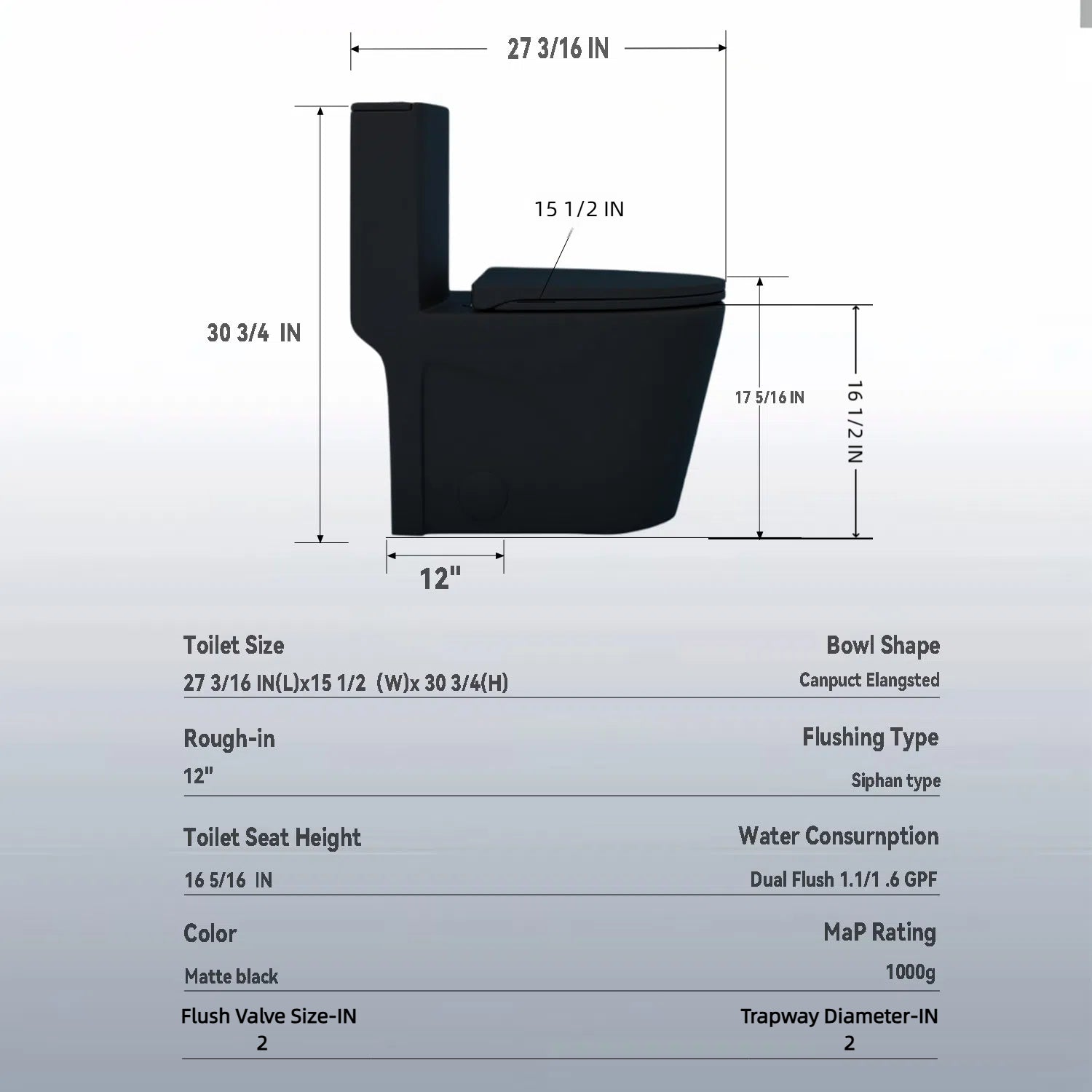 KZG matte black one-piece ceramic toilet with Tornado Flush and dual flush system — image 3