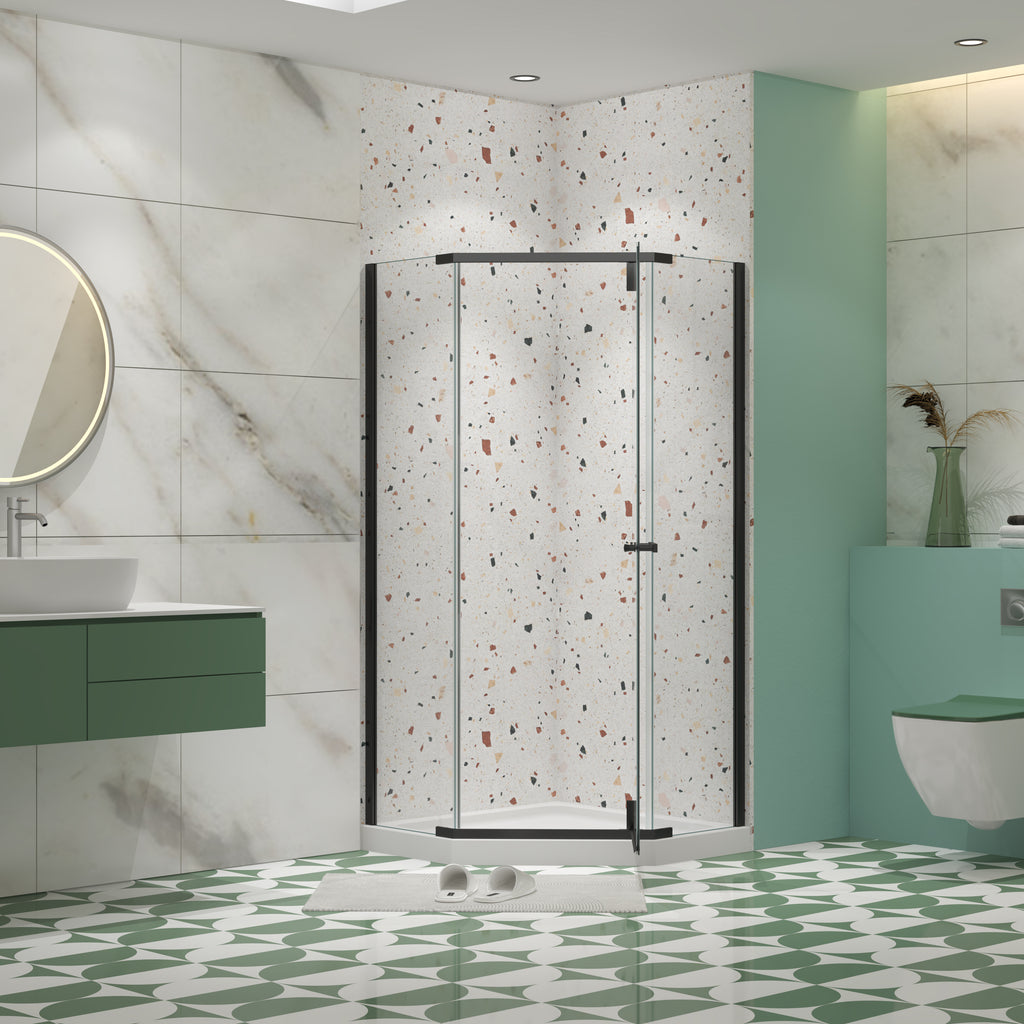 Matte black frameless neo-angle pivot shower door with tempered glass — image 2