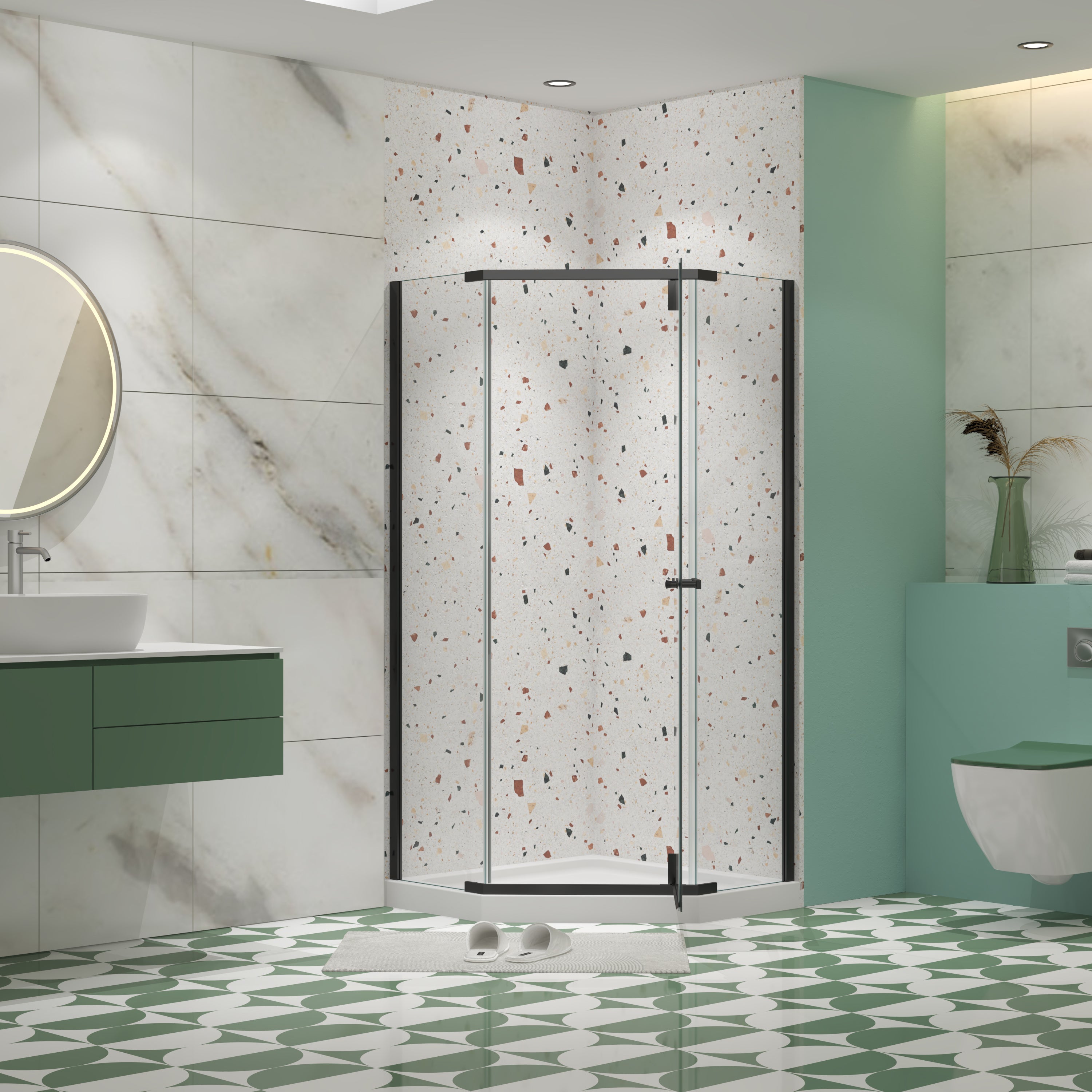 Matte black frameless neo-angle pivot shower door with tempered glass — image 2
