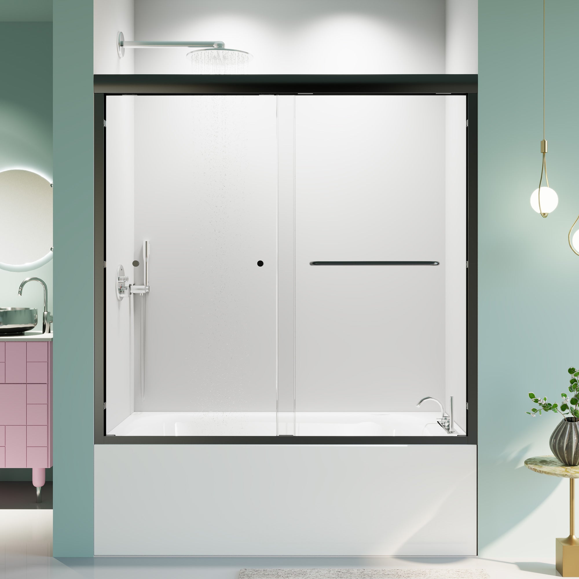 Matte black semi-frameless bypass bathtub door with tempered glass panels — image 2