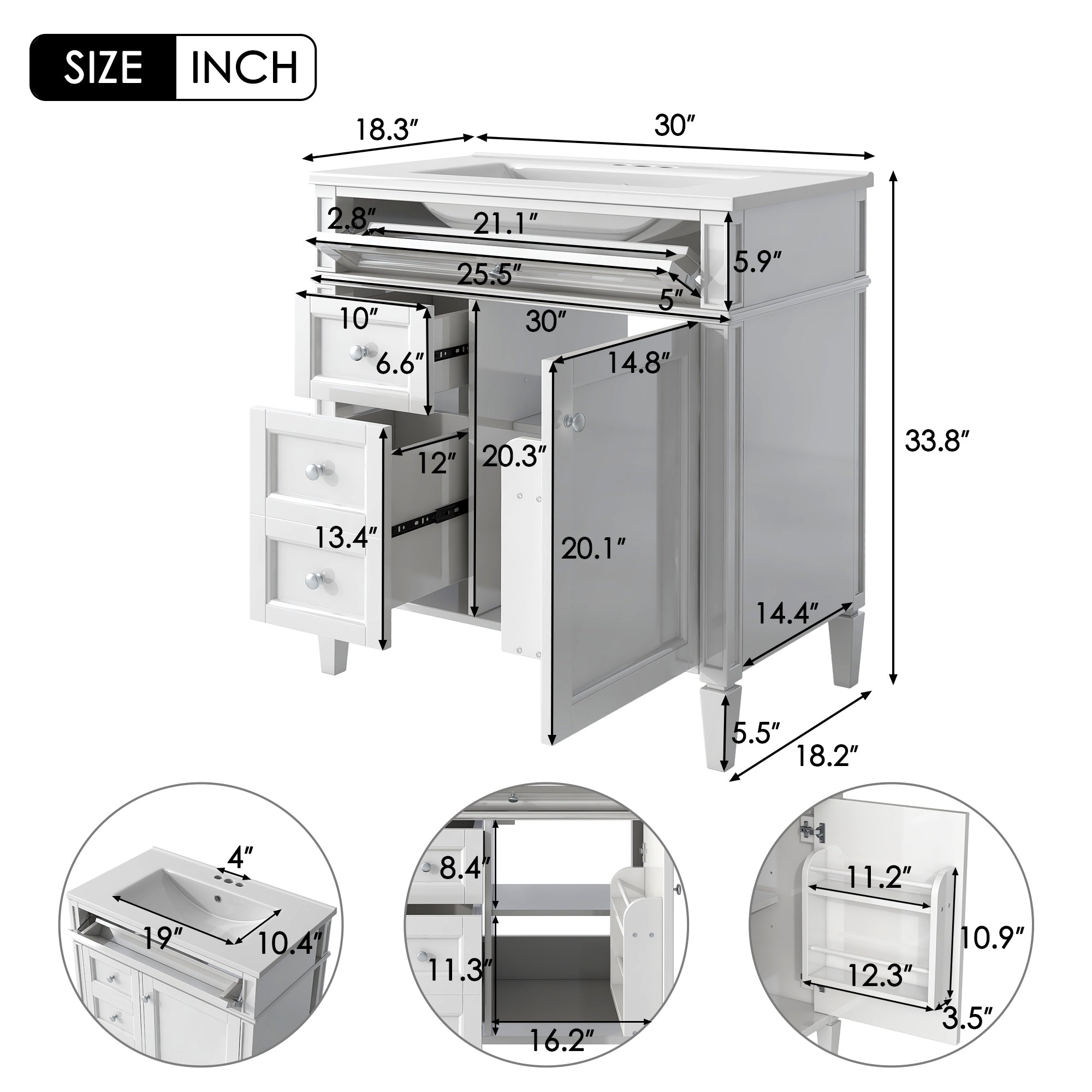KZG 30-inch modern white bathroom vanity with ceramic sink and drawer storage — image 3